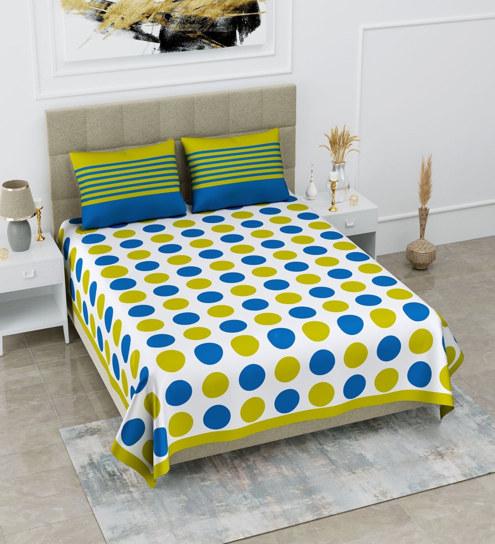 Blue Geometric 120 TC Cotton Queen Sized Bedsheet with 2 Pillow Cover