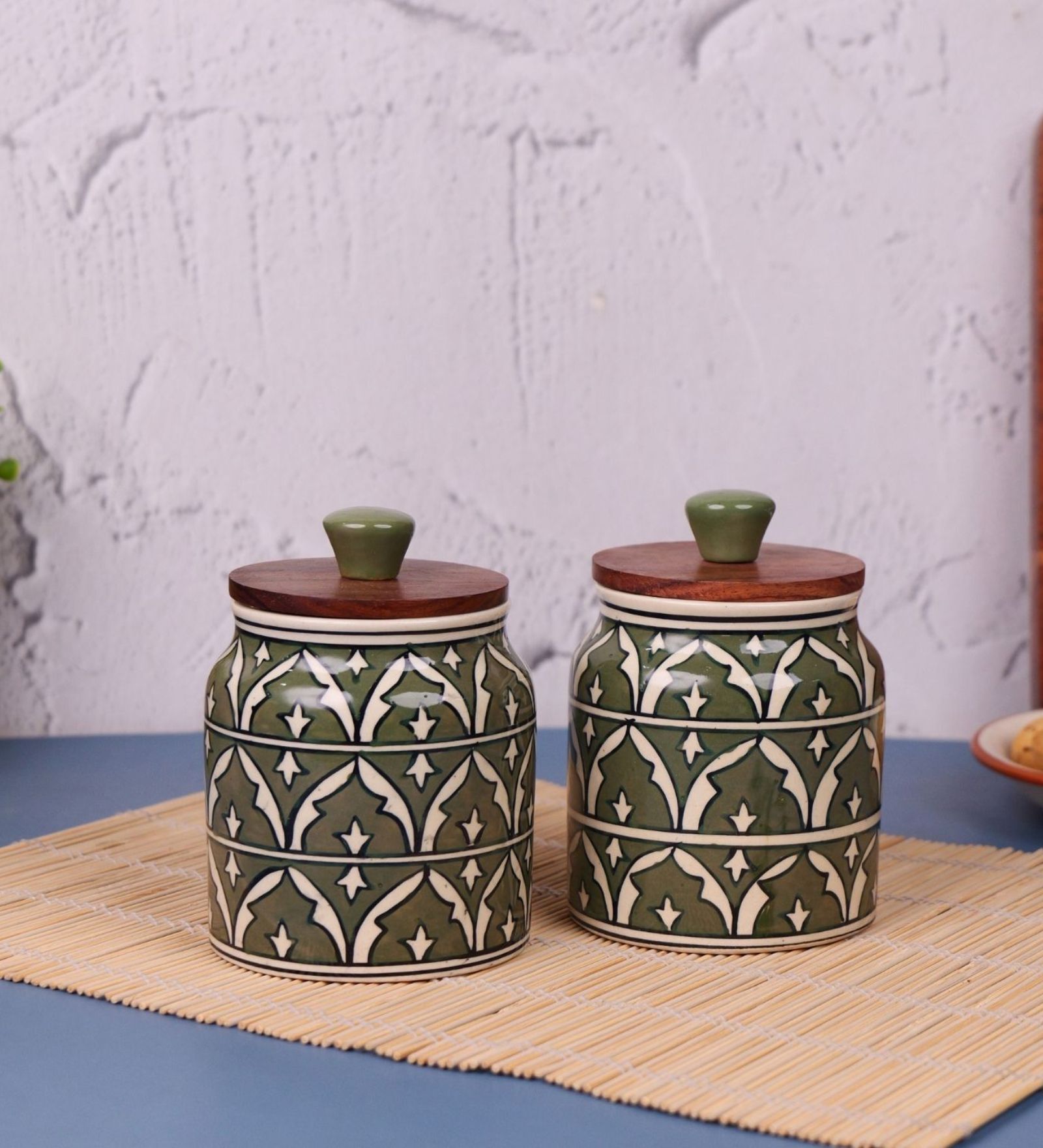 Green Jodhpuri Hand Painted Ceramic Jar with Wooden Lid Set of 2