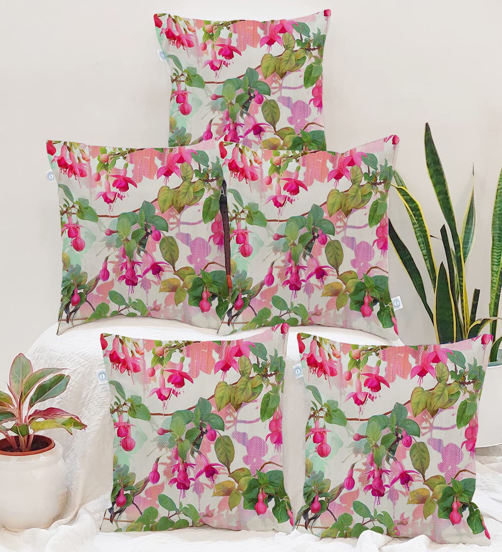 Pink and Green Jute Floral 16x16 inches Cushion Covers (Pack of 5)