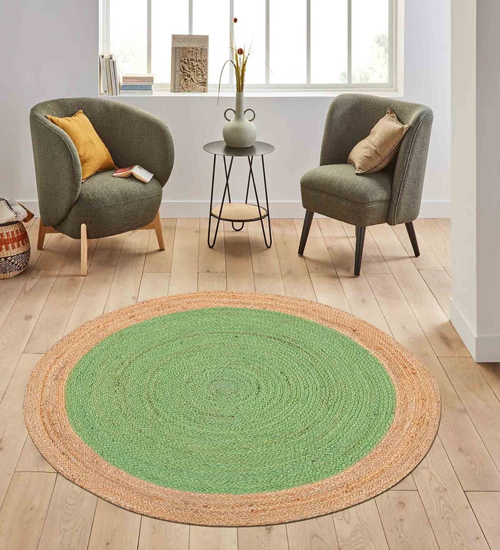 Green Solid Jute 3 ft x 3 ft Hand Woven Round Carpet