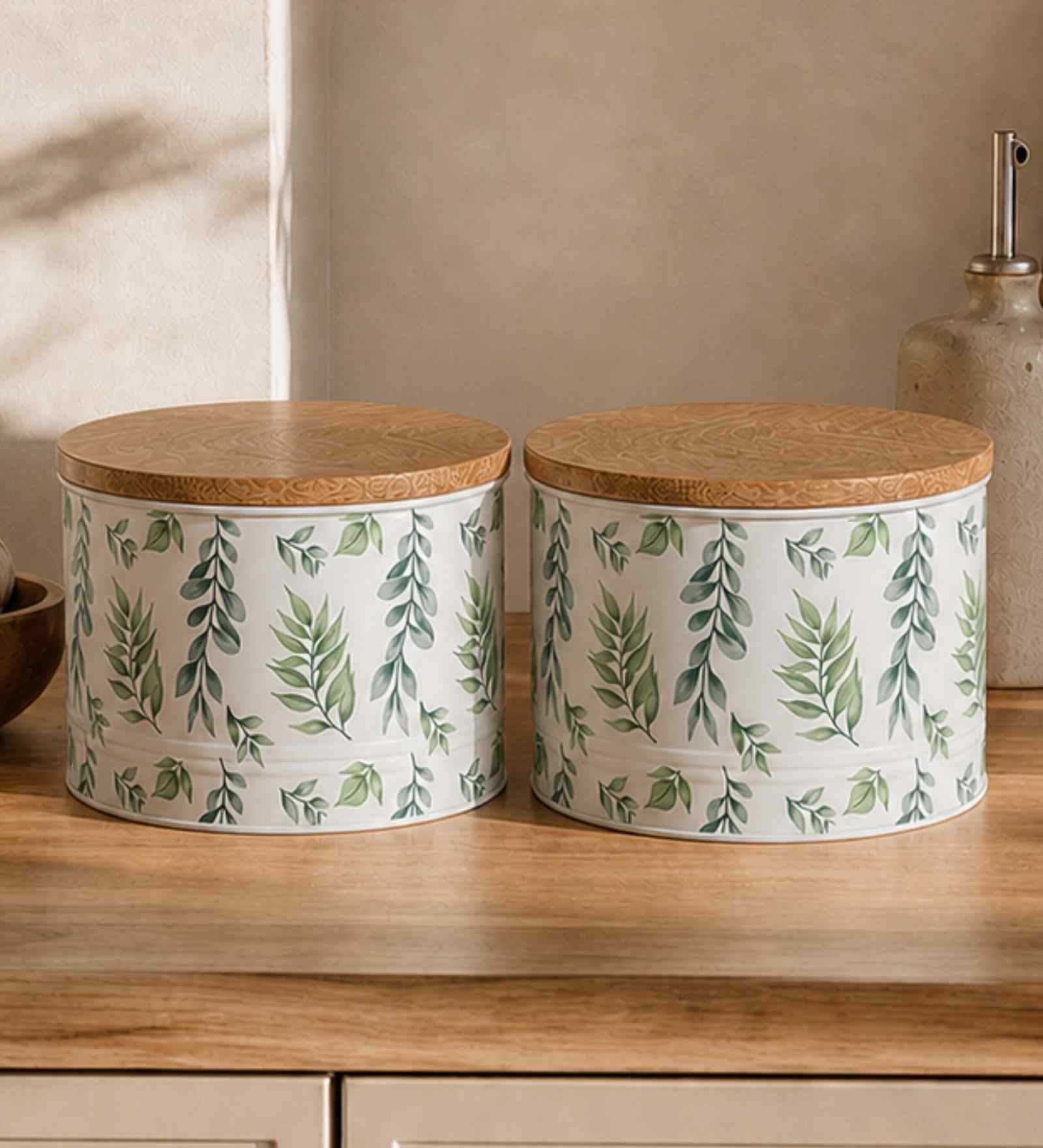 Green Leaf Printed Metal Airtight Containers With Wooden Lids Set Of 2