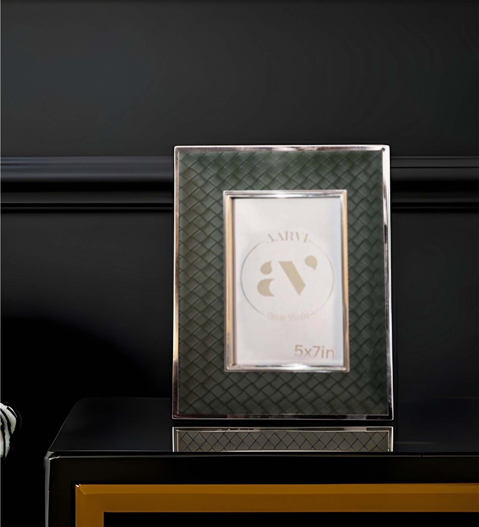 Green Leather & Metal Weave Wall And Tabletop Photo Frame 5X7Inches