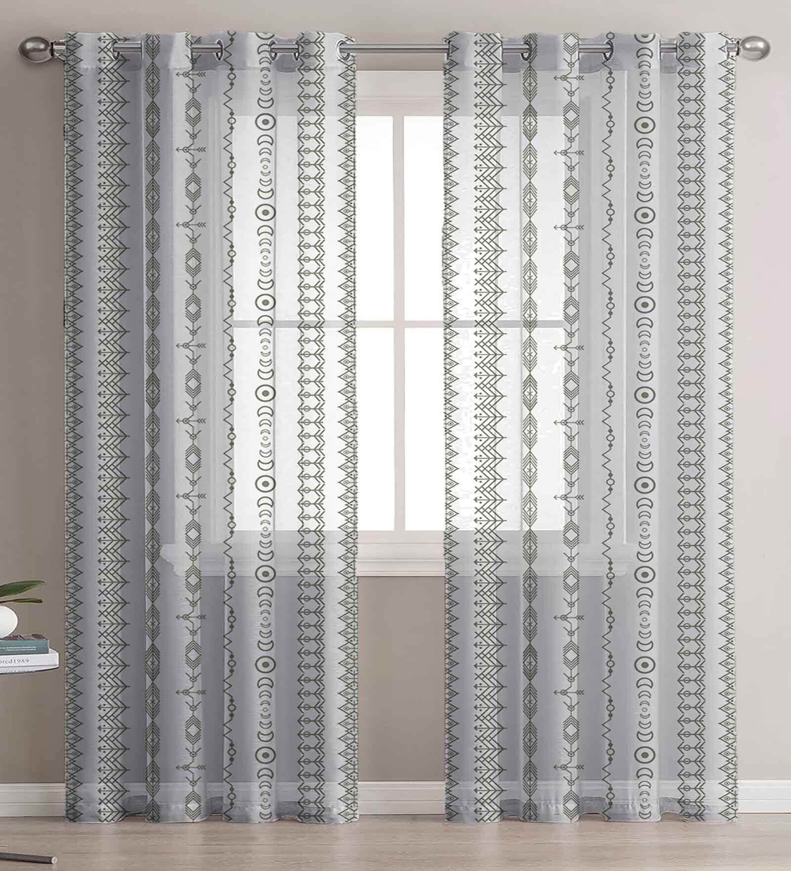 Green Linen Geometric 4ft Sheer Eyelet (1Pc) Window Curtain