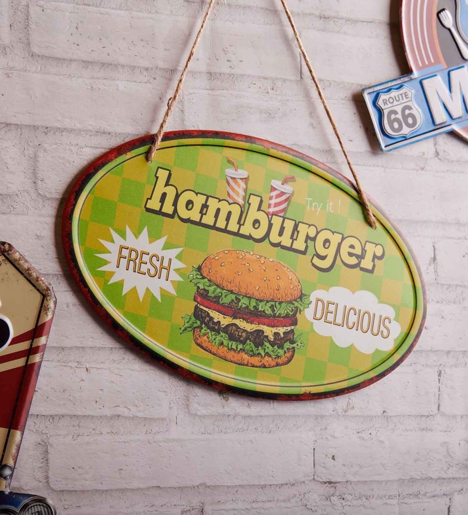 Green Metal Fresh & Delicious Hamburger Wall Hanging
