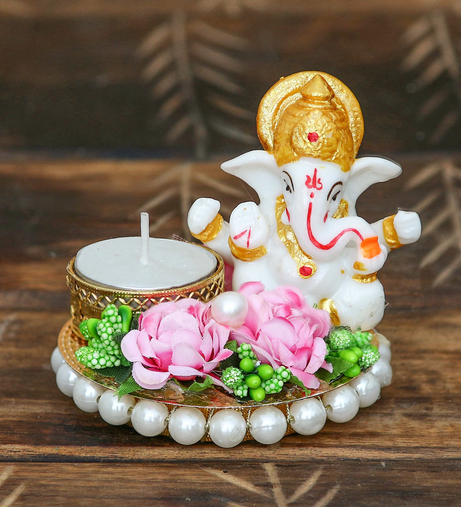 Green Metal Lord Ganesha Idol on Decorative Plate with Tea Light Holder