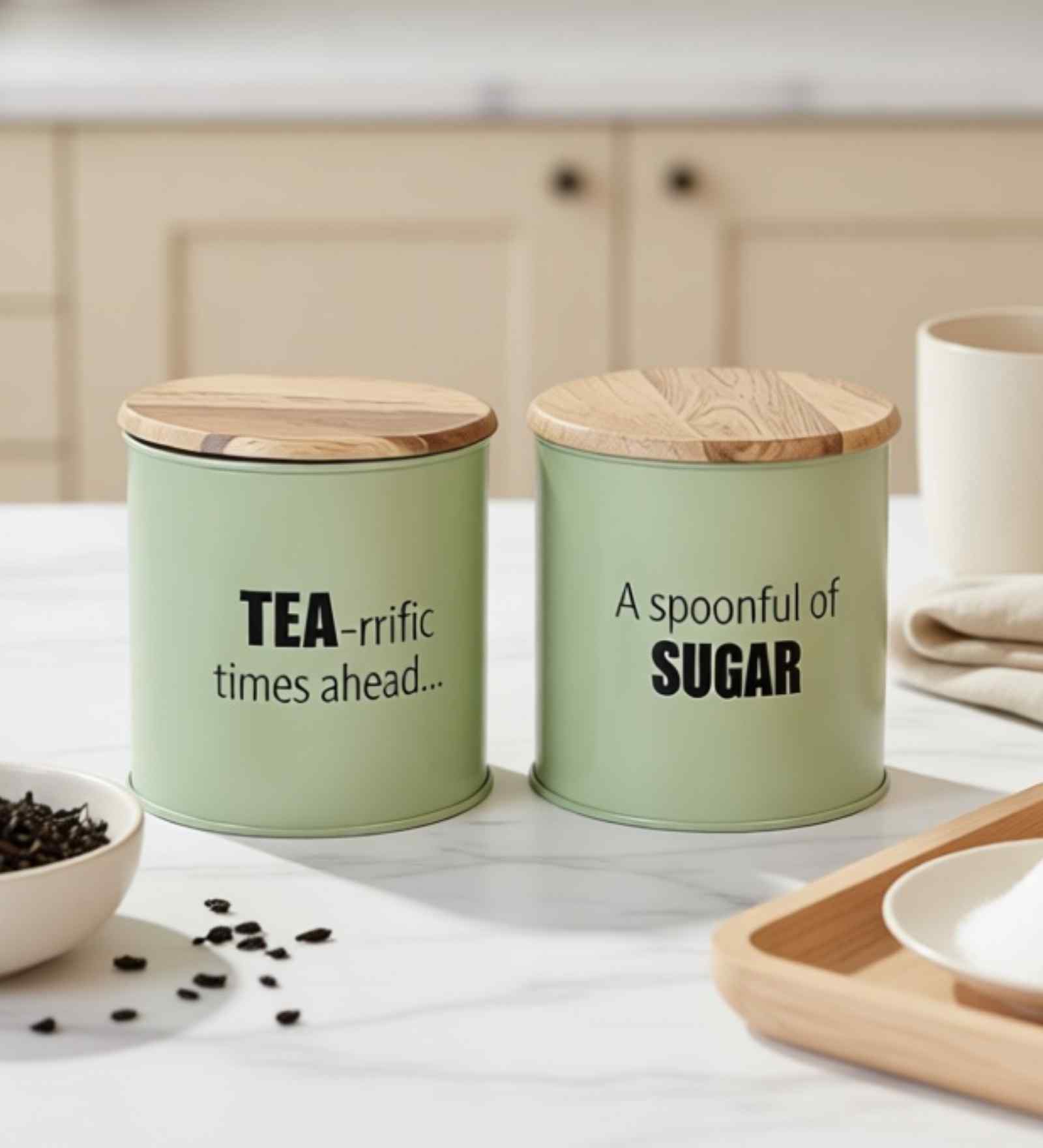 Green Metal Small Tea & Sugar Containers With Wooden Lids Set Of 2