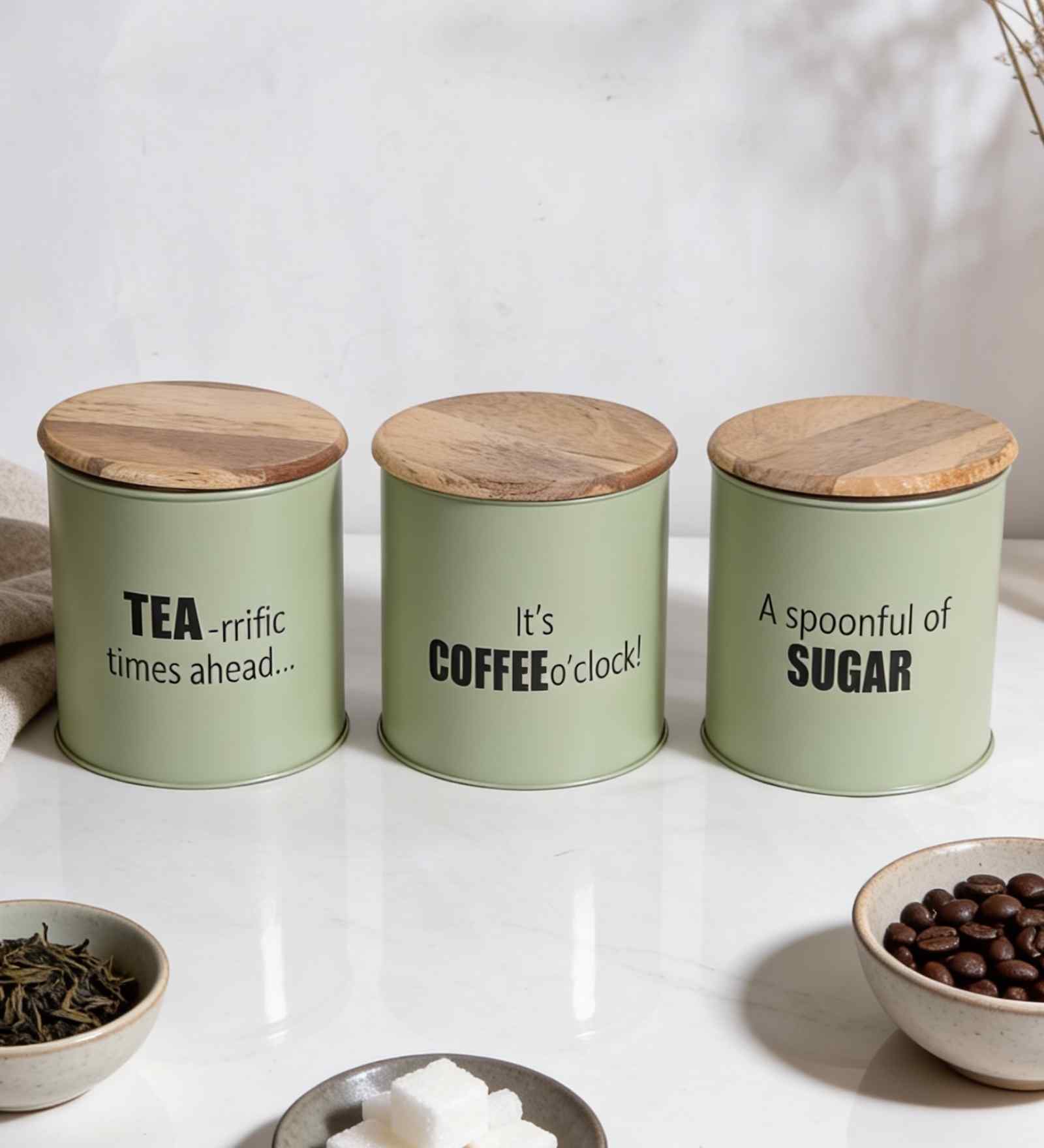 Green Metal Small Tea, Sugar & Coffee Containers With Wooden Lids Set Of 3