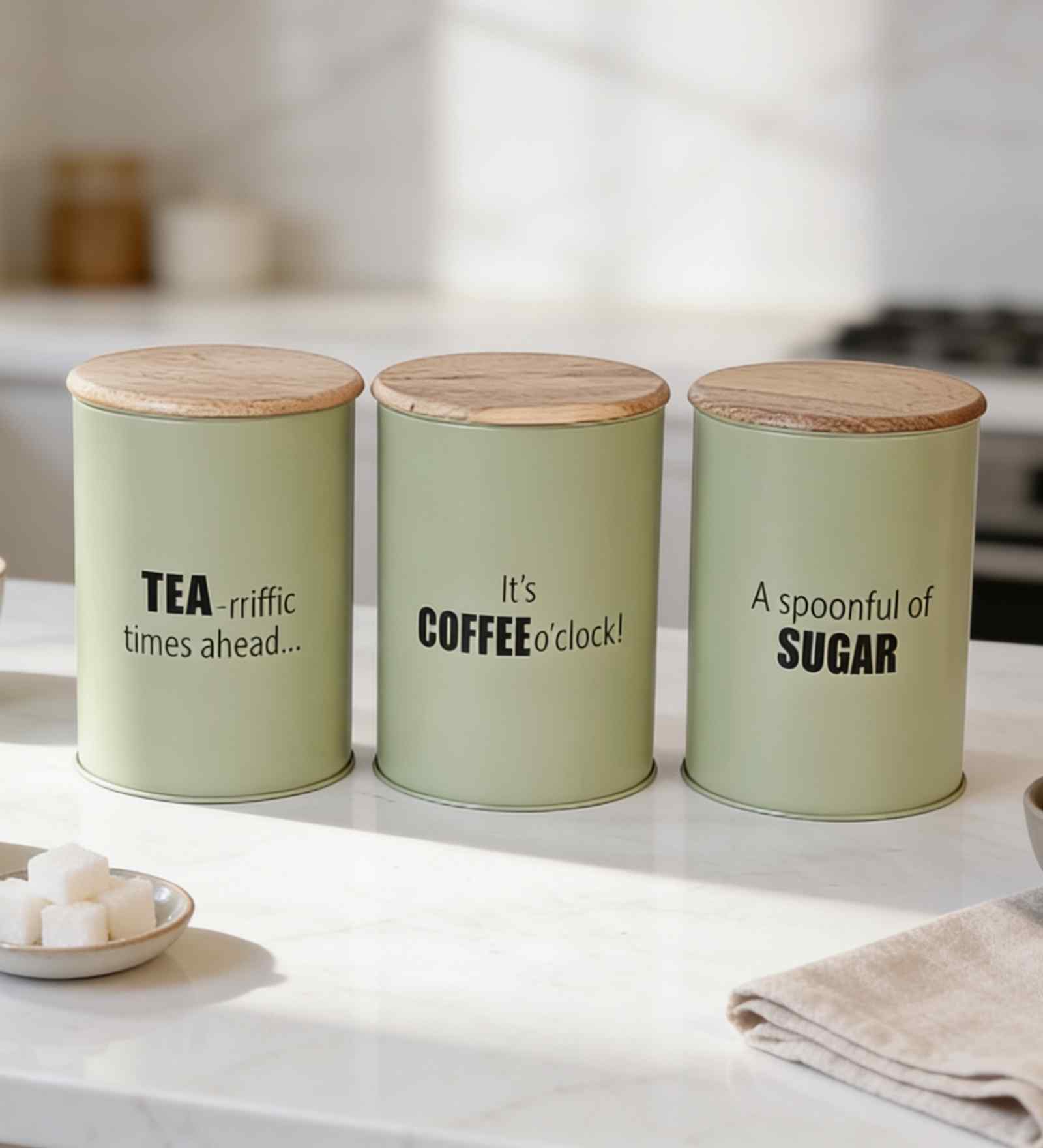 Green Metal Tea, Sugar & Coffee Containers With Wooden Lids Set Of 3
