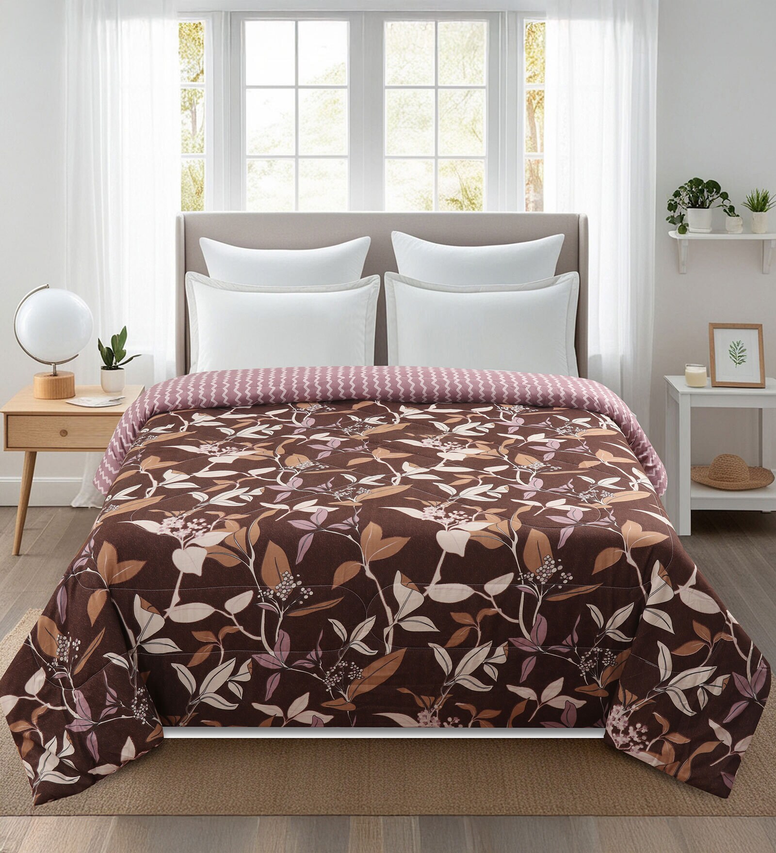 Brown Floral Reversible 180 GSM Double Bed AC All Season Comforter