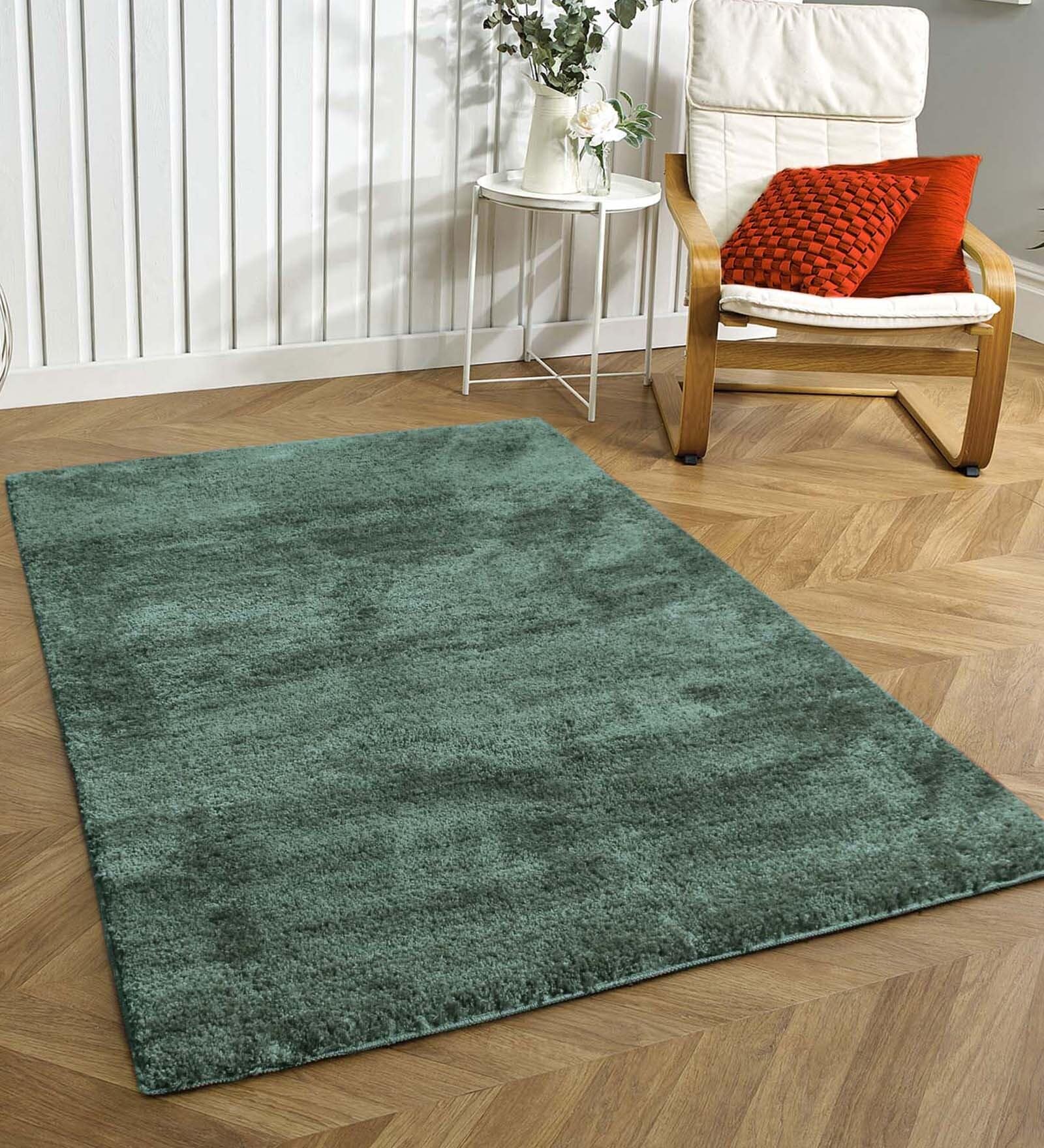 Green Solid Microfibre 4 ft x 6 ft Machine Made Carpet