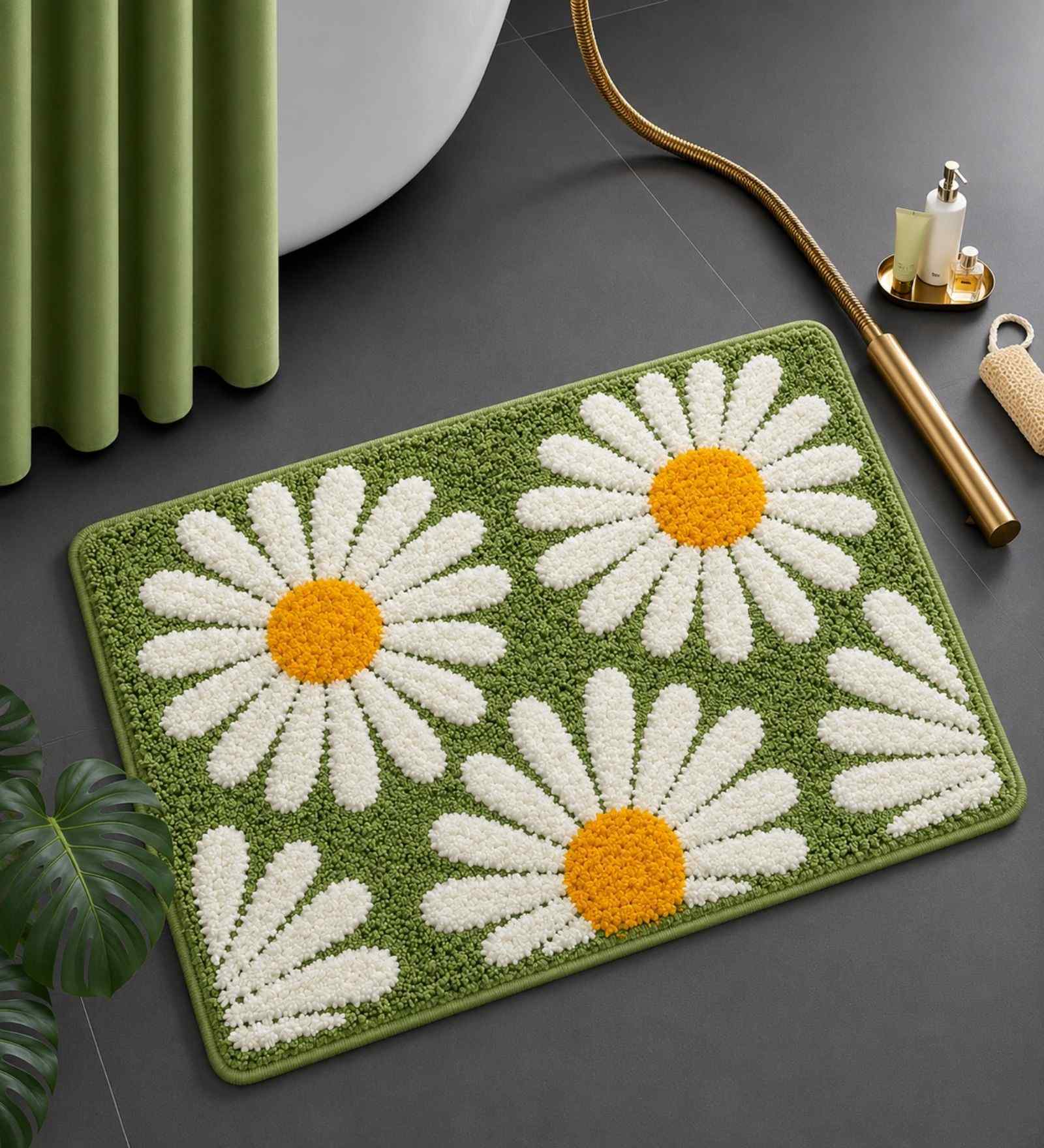 Green Floral Microfibre 24X16 Inches Anti-Skid Bath Mat