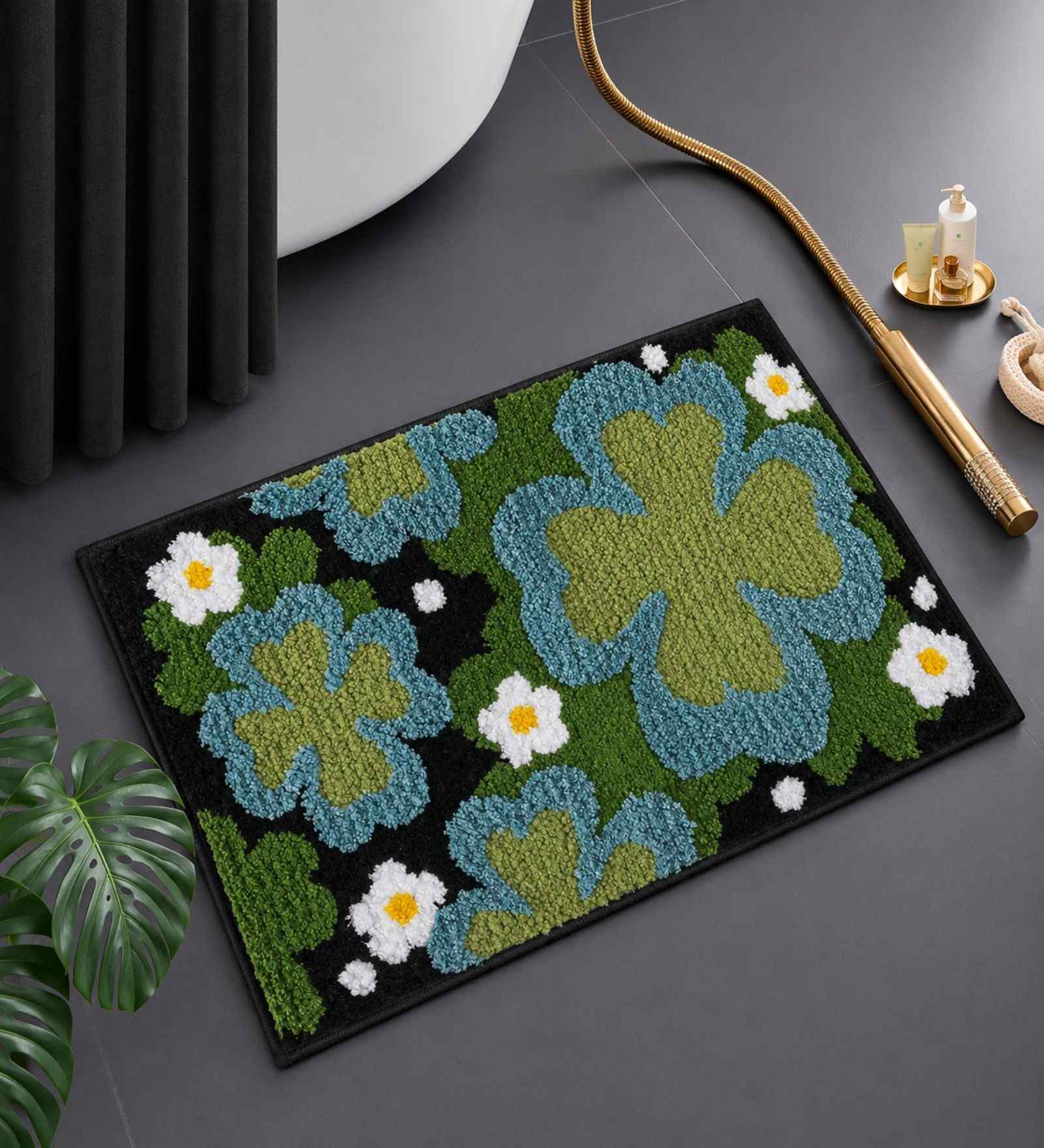 Green Floral Microfibre 24X16 Inches Anti-Skid Bath Mat