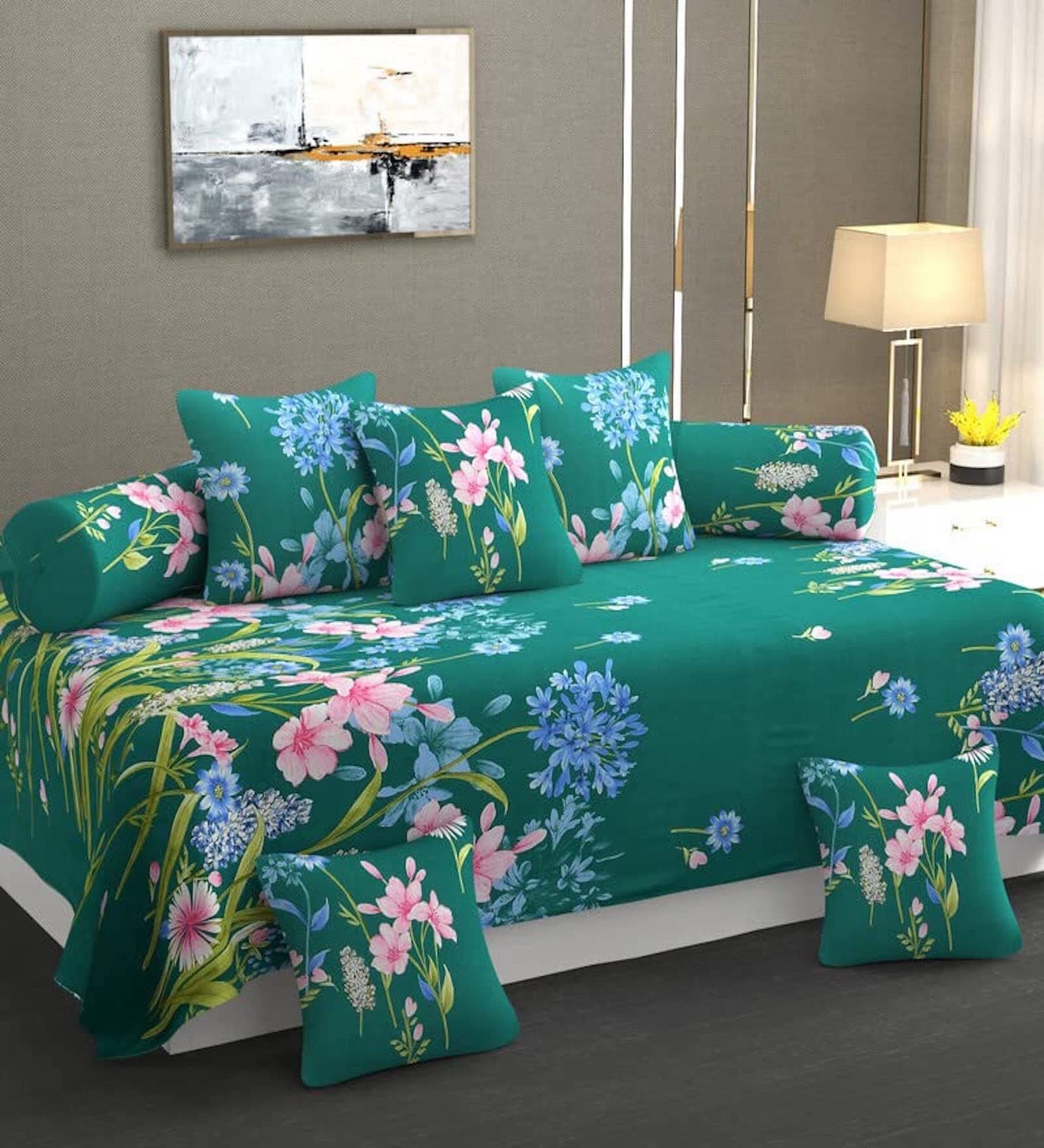 Green Microfibre 280 TC 8 Pcs Diwan Set
