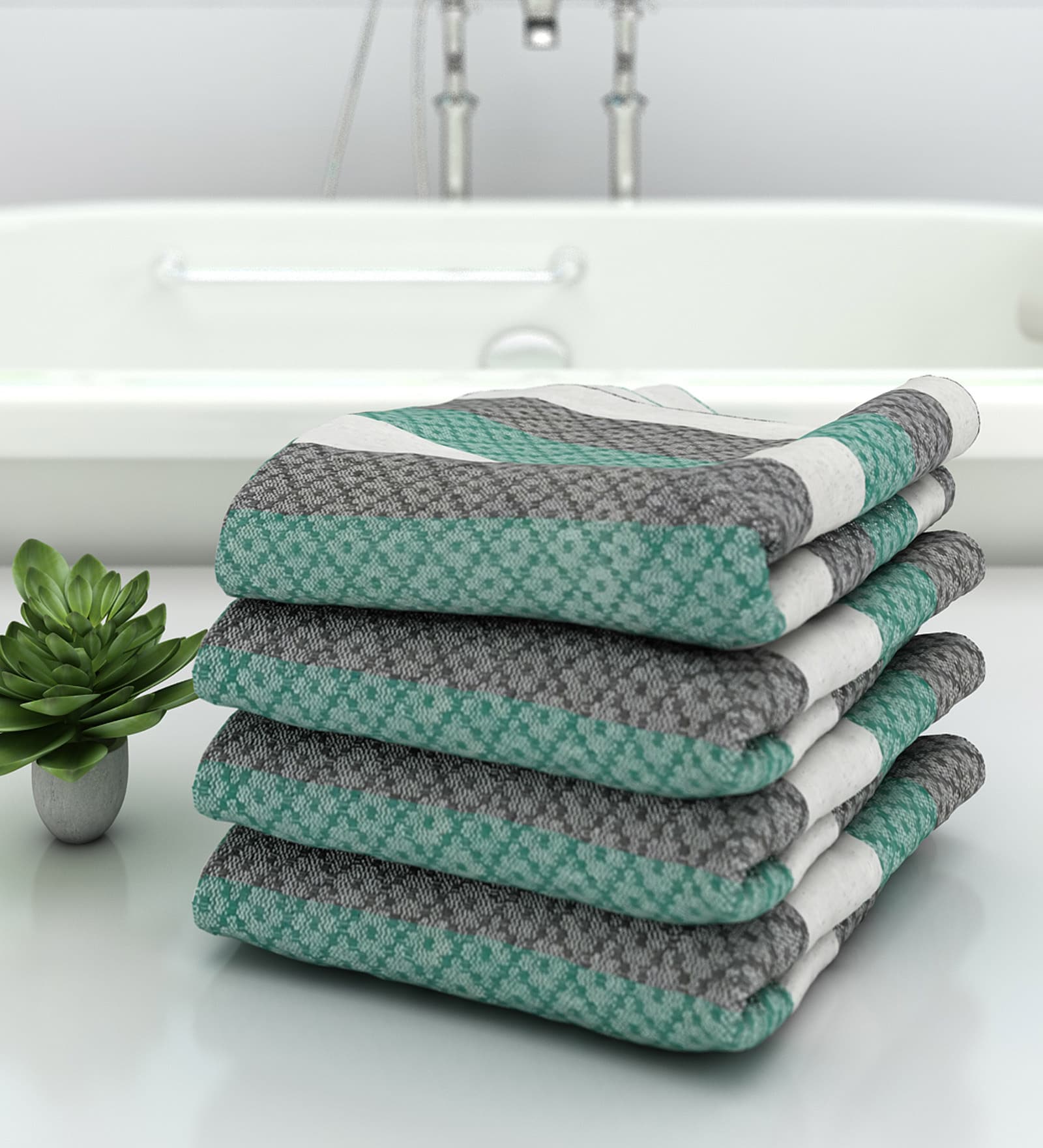 Green Patterned 210 GSM Cotton Bath Towels (Set of 4)