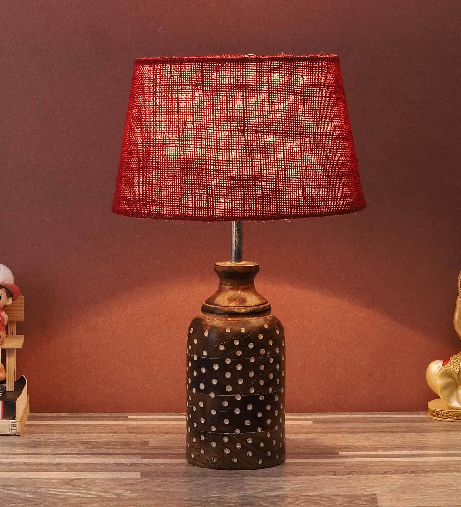 Green Natural Fiber Shade Table Lamp With Brown Base