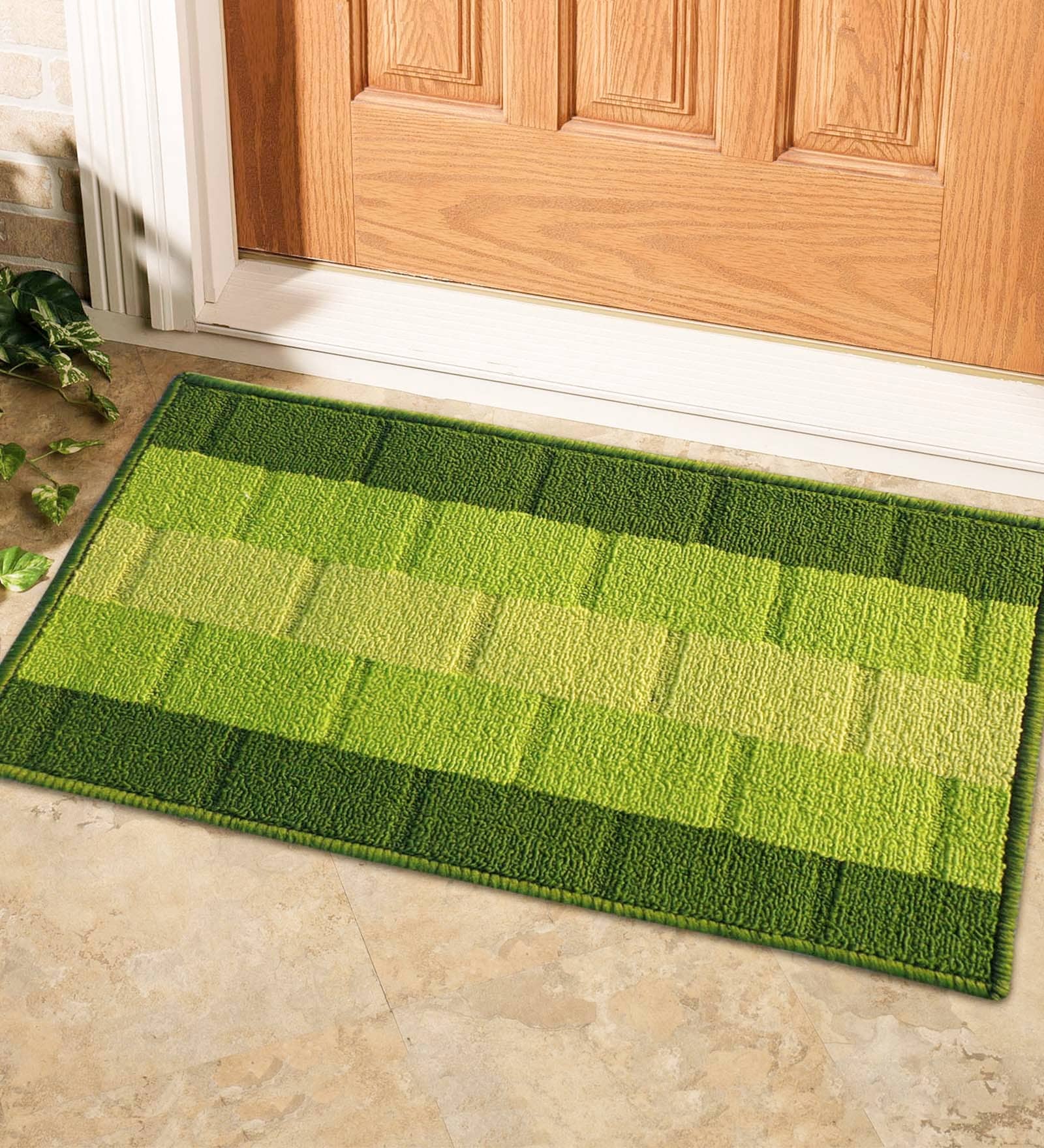 Green Geometric Polyester 23 x 15 Inches Anti Skid Door Mat