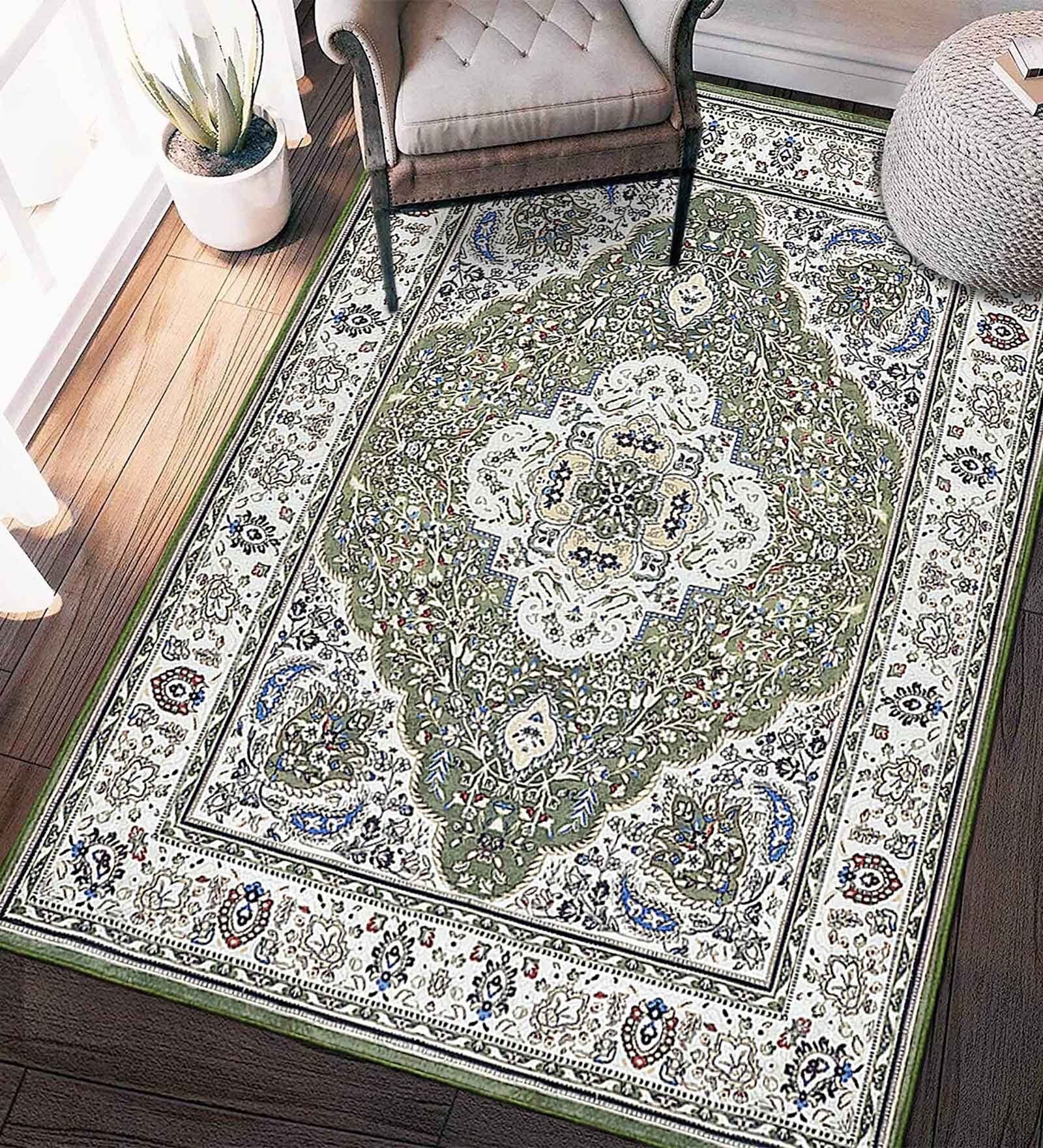 Green Polyester Vintage 4 X 6 Feet Machine Made Carpet