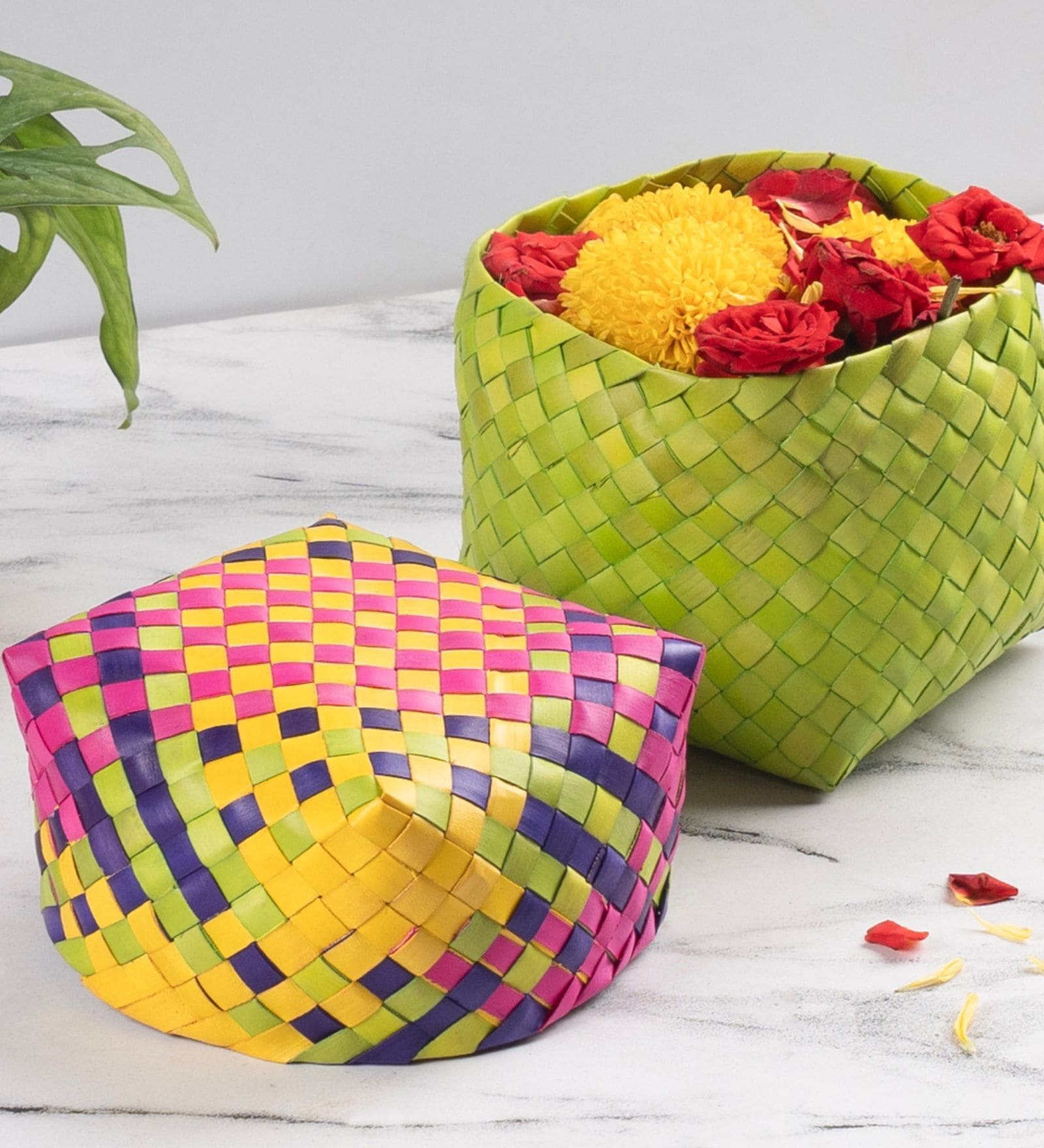 Green Palm Leaf Handmade Square Basket With Lid