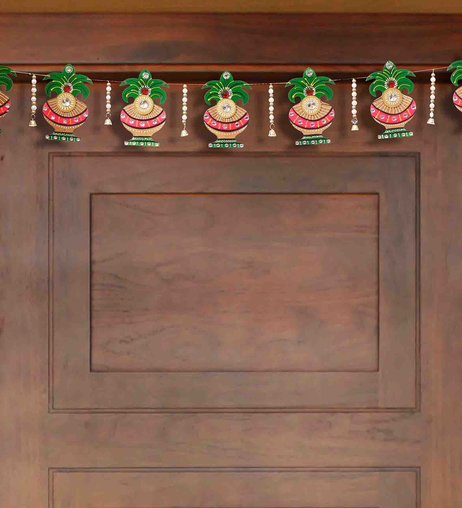 Green Paper Mache And Wooden Decorative Kalash Bandarwal/Toran Door Hanging