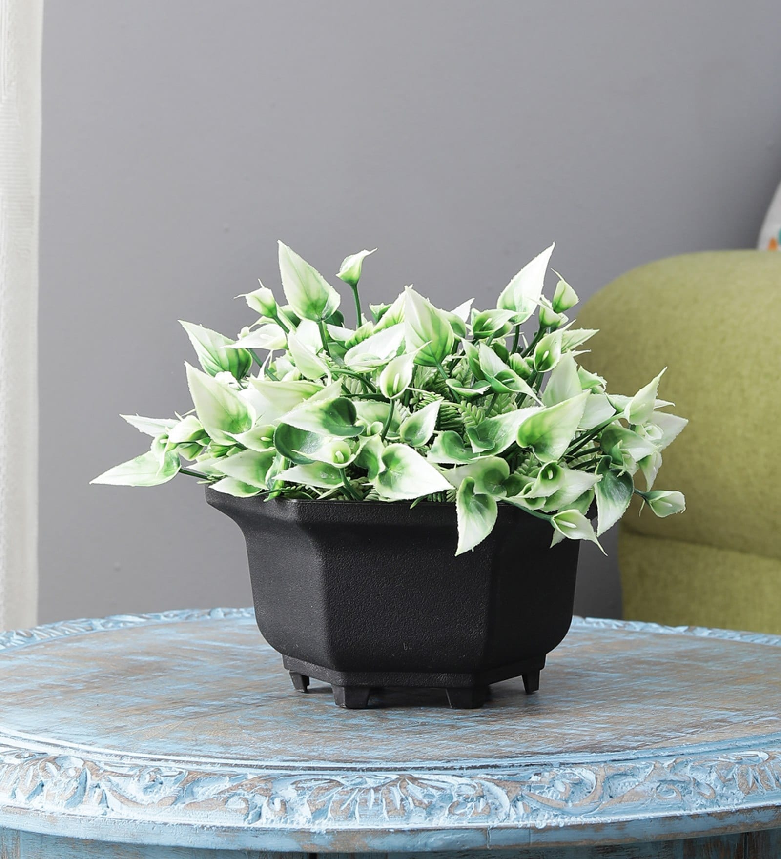Green Plastic & Polyester Artificial Plant with Pot