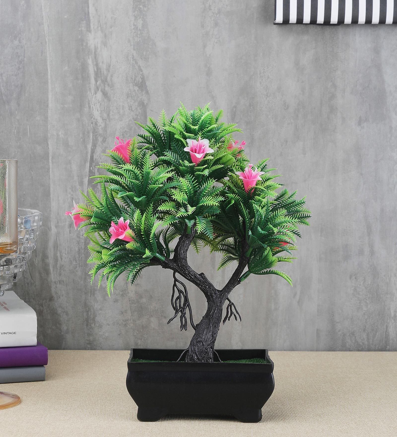 Green Plastic and Polyester Blend Artificial Y Shaped Bonsai Tree with Fern Green Leaves and Pink Flowers