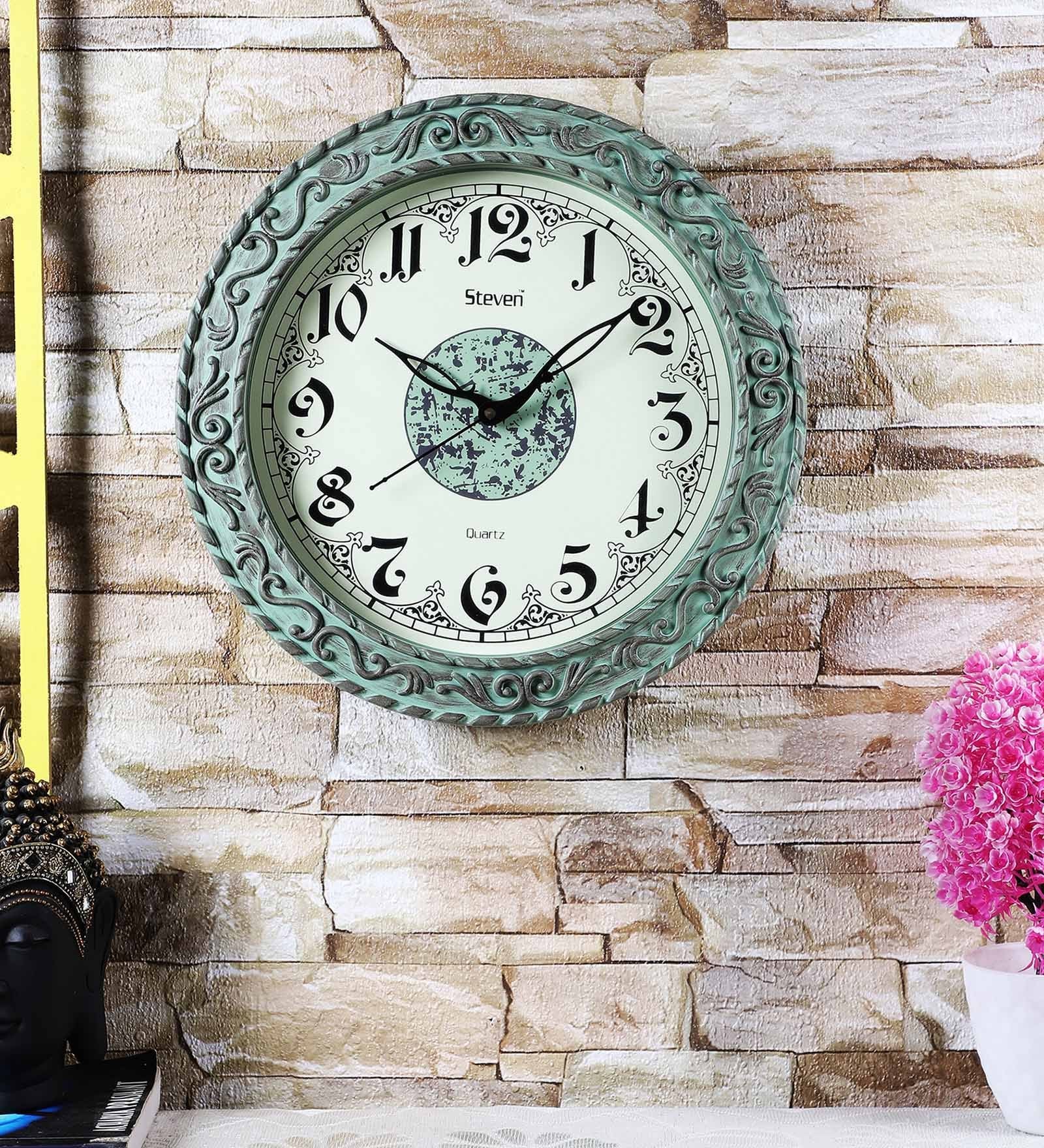 Green Plastic Antique Wooden Look Analog Wall Clock