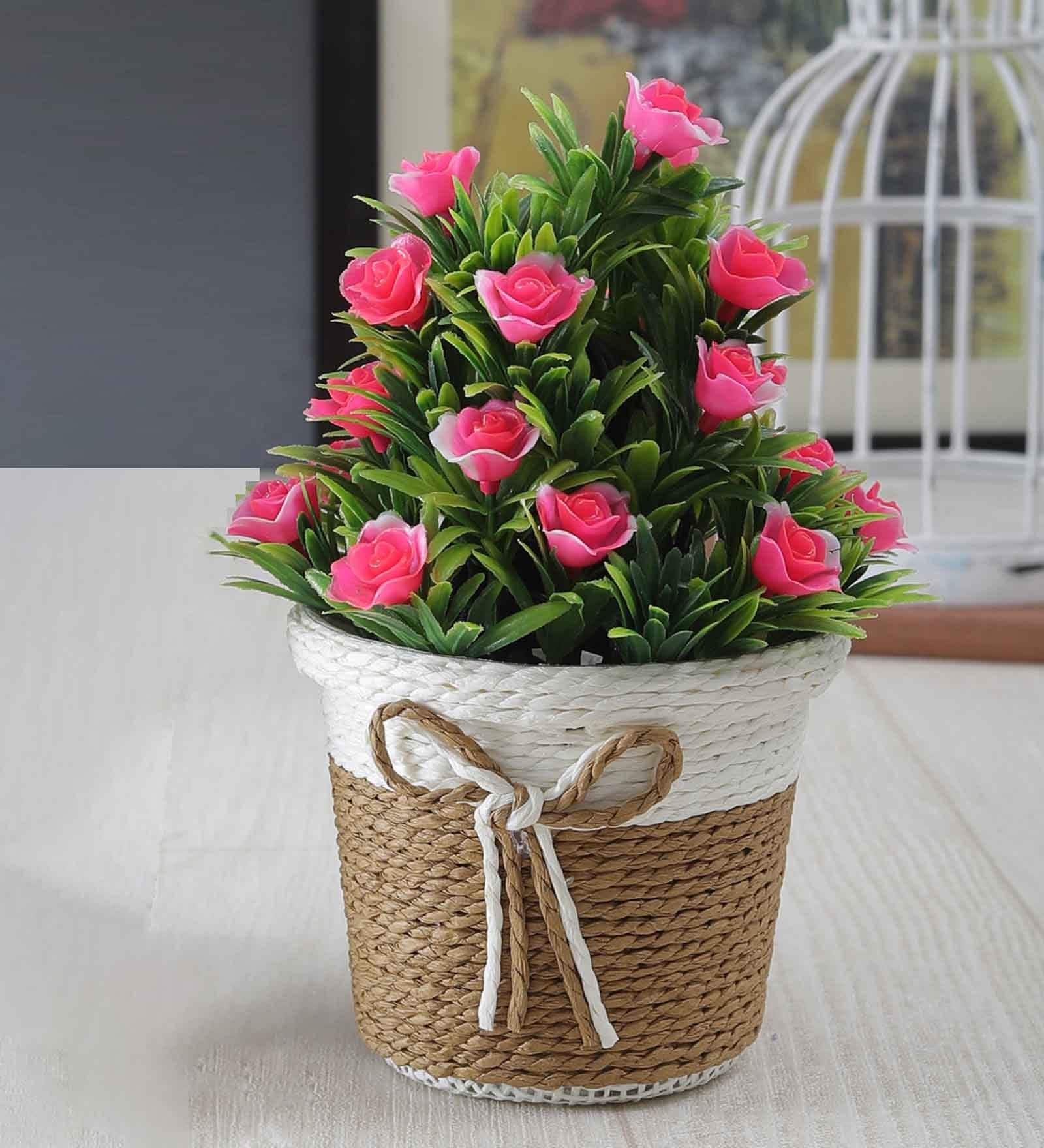 Green Plastic Pink Roses Artificial Plant with Pot