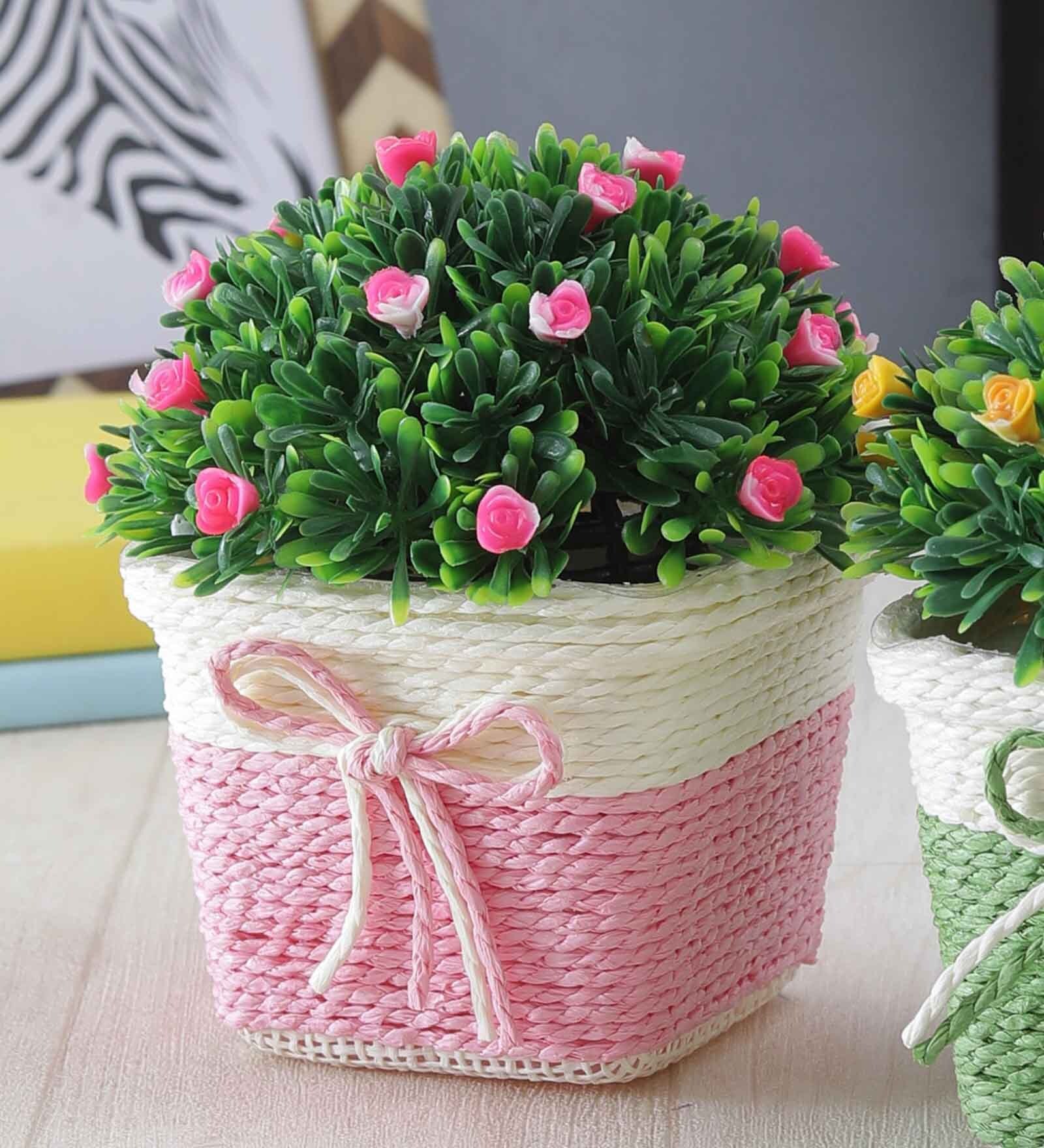 Plastic Green Small Pink Flowers With Pot Artificial Plants