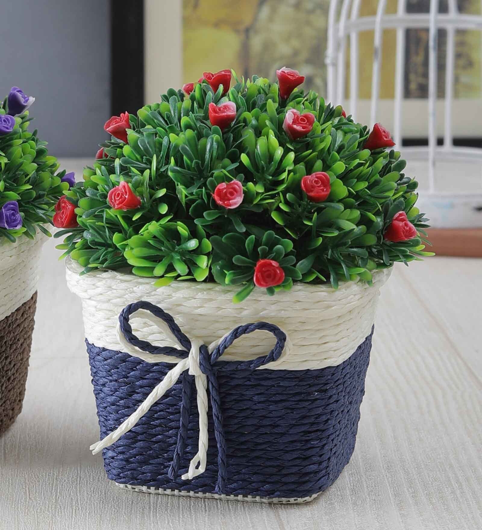 Green Plastic Small Red Flowers Artificial Plant with Pot