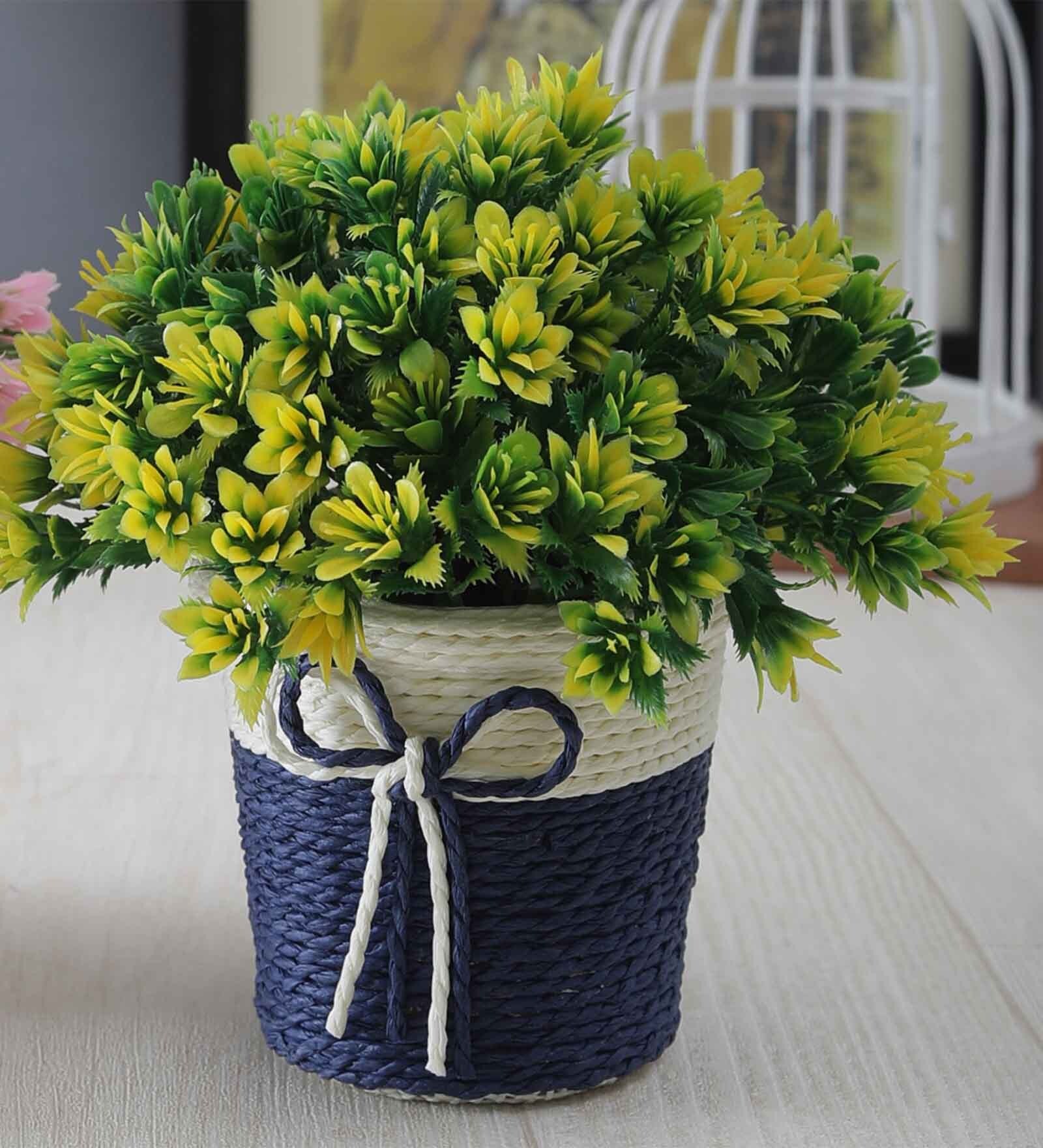 Green Plastic Yellow Leaves Artificial Plant with Pot