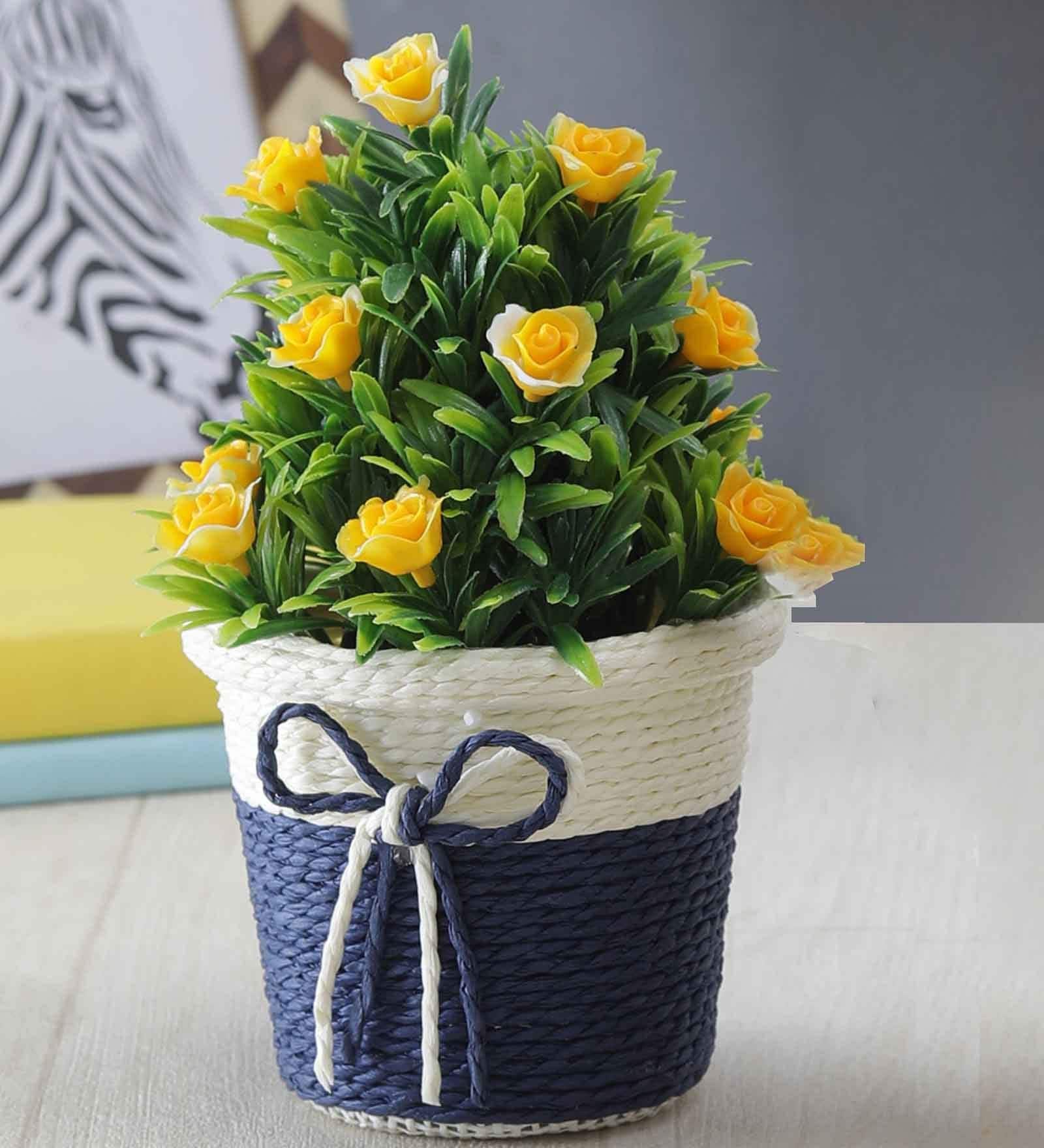 Plastic Green Yellow Roses With Pot Artificial Plants