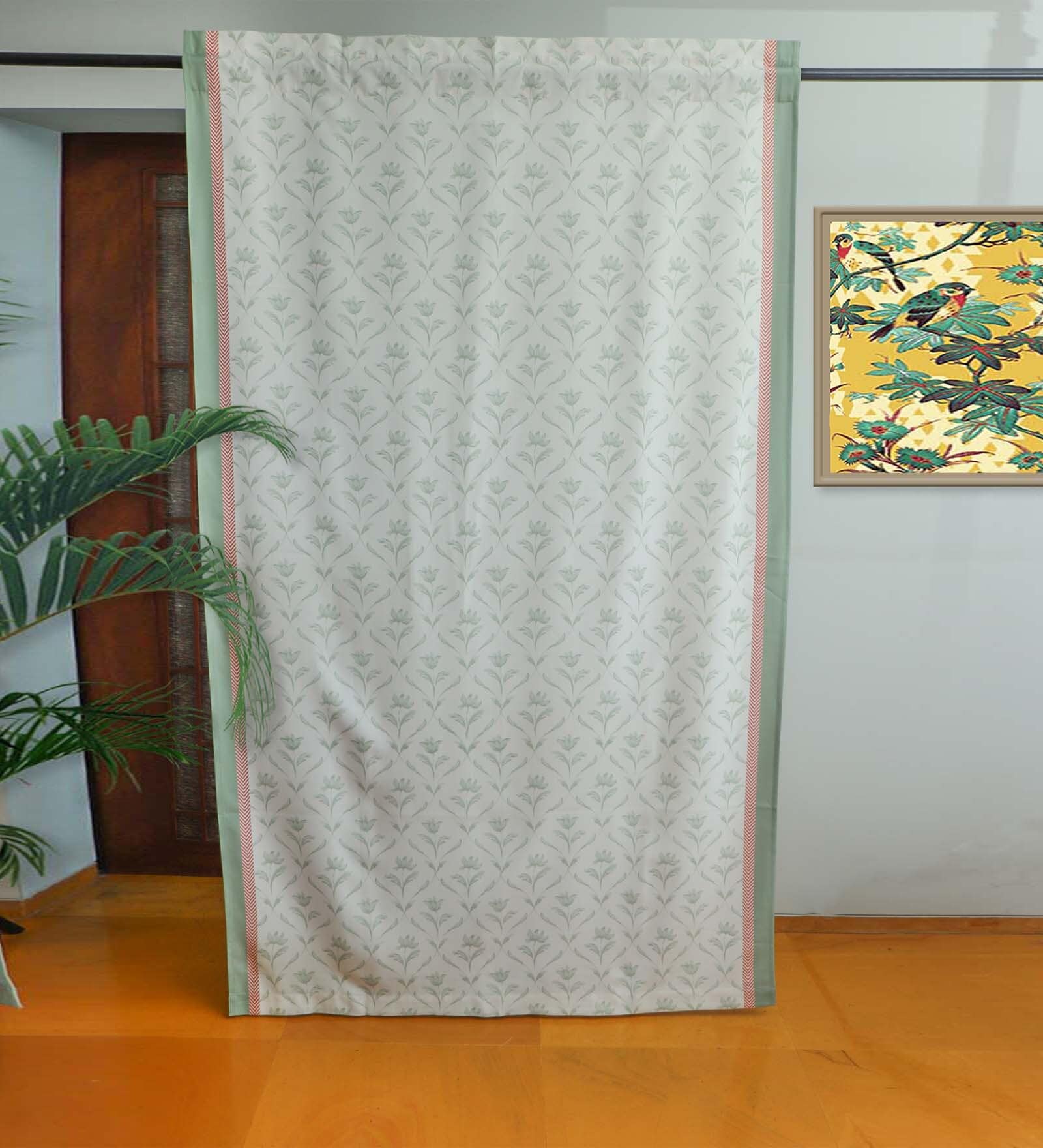 Green Polycanvas Floral 7ft Blackout Fabric Loops Door Curtain