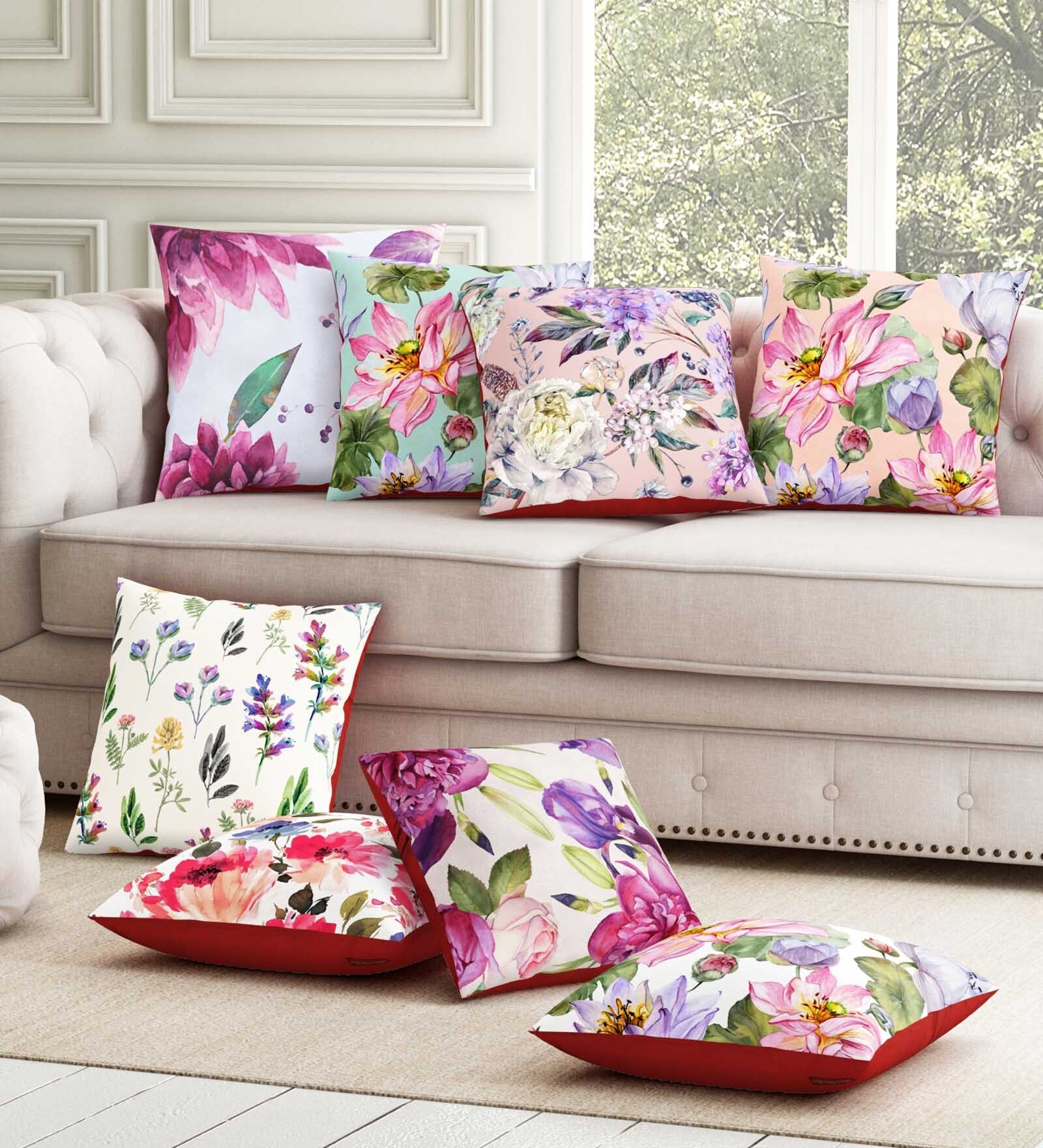 Green Floral Poly Cotton 12 x 12 Inches Cushion Covers (Set of 8)
