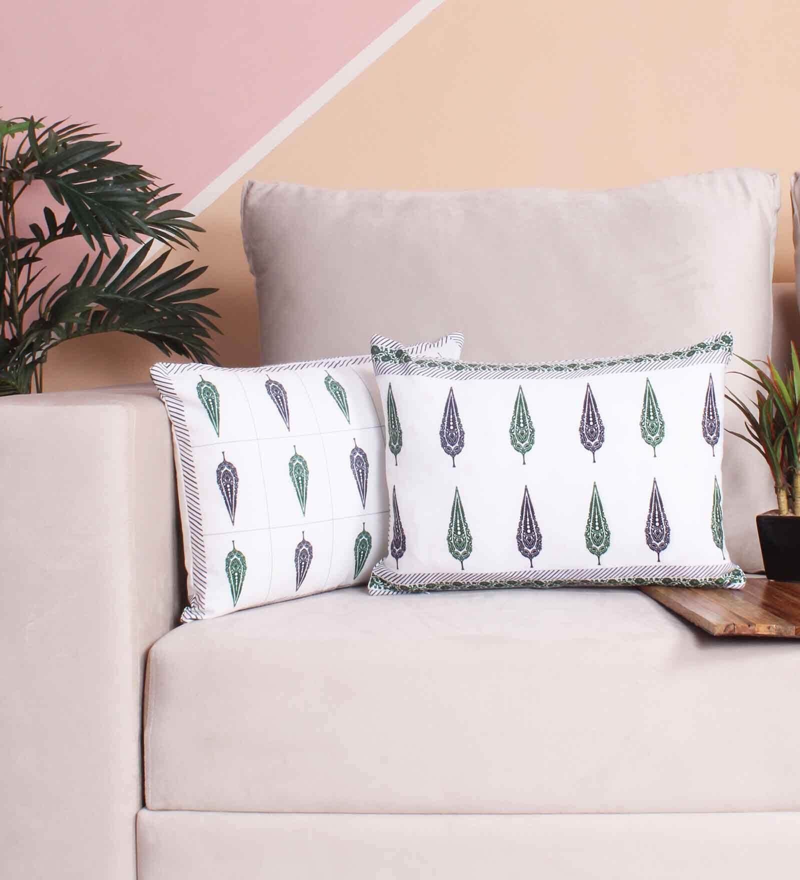 Green Polycotton Floral 12x18 inches Cushion Covers (Pack of 2)