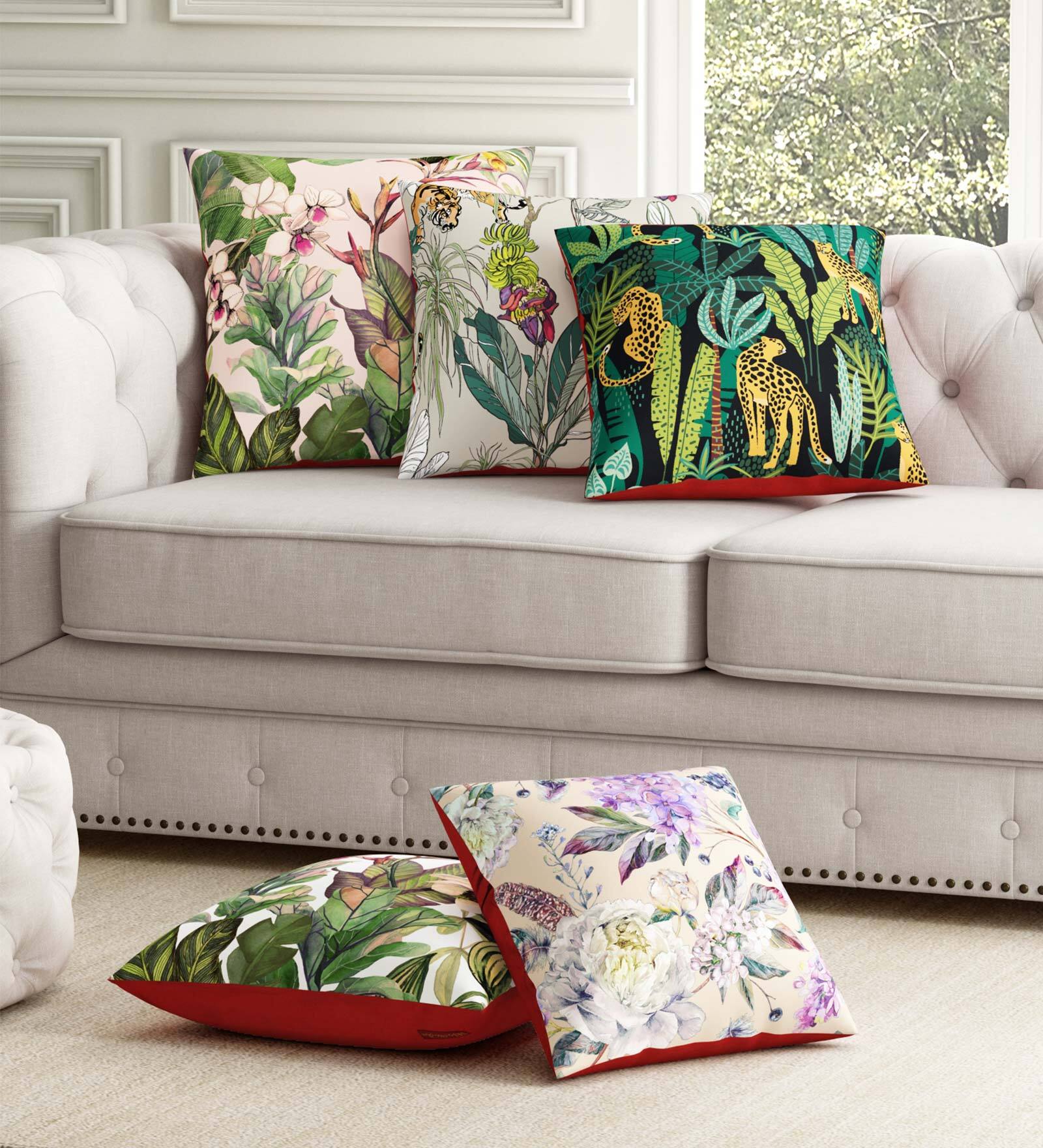 Green Floral Leaf Poly Cotton 16 x 16 Inches Cushion Covers (Set of 5)