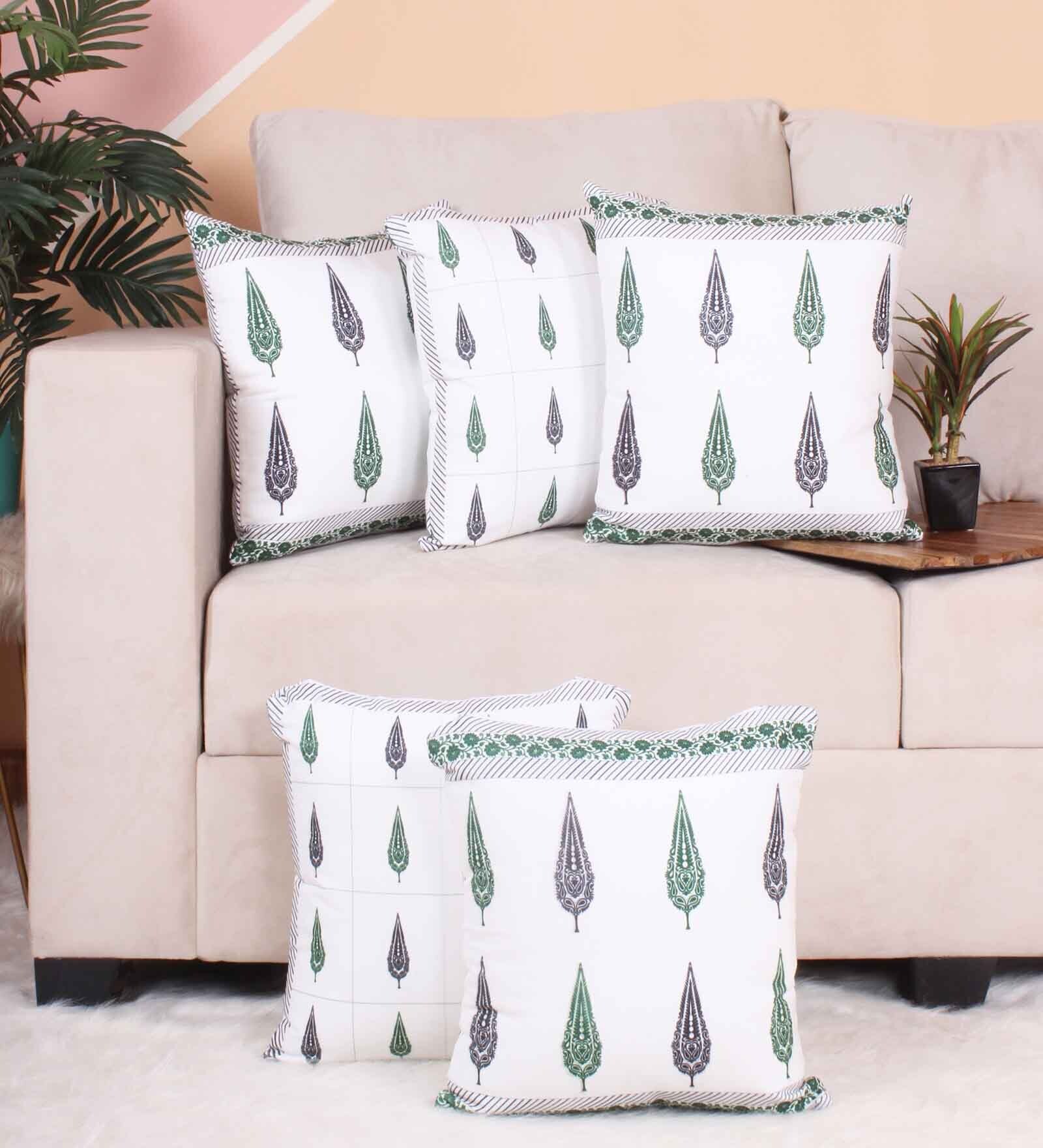 Green Polycotton Floral 16x16 inches Cushion Covers (Pack of 5)