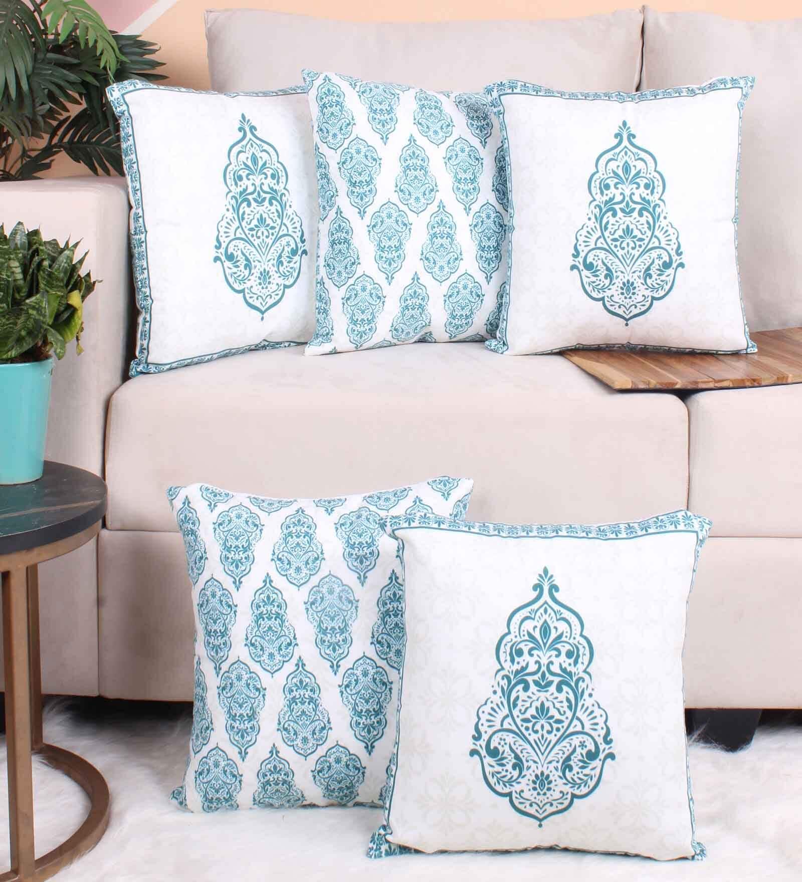 Green Polycotton Floral 16x16 inches Cushion Covers (Pack of 5)