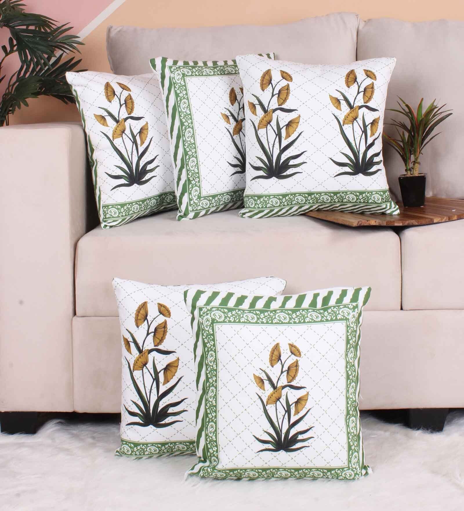 Green Polycotton Floral 16x16 inches Cushion Covers (Pack of 5)