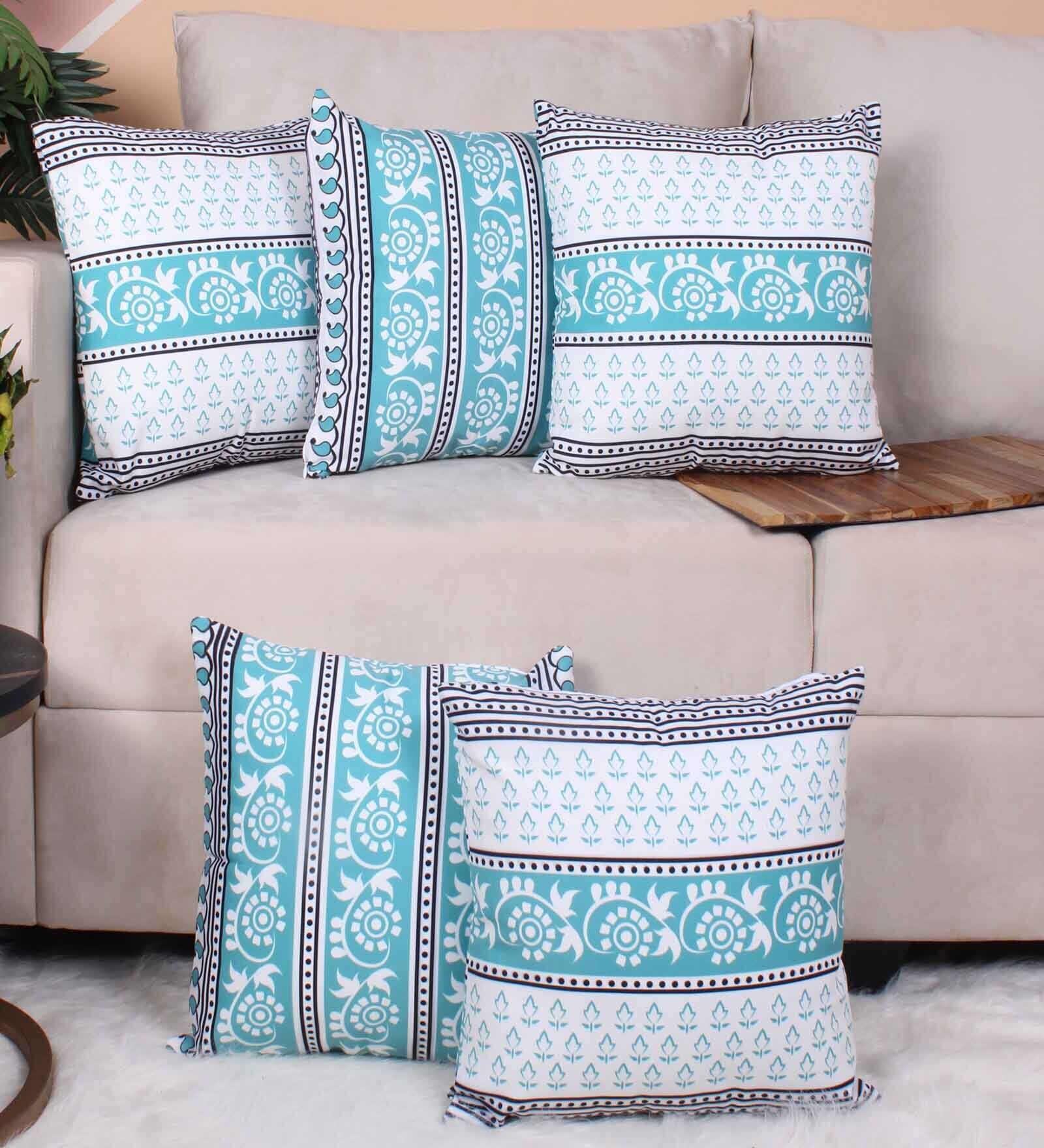 Green Polycotton Floral 16x16 inches Cushion Covers (Pack of 5)