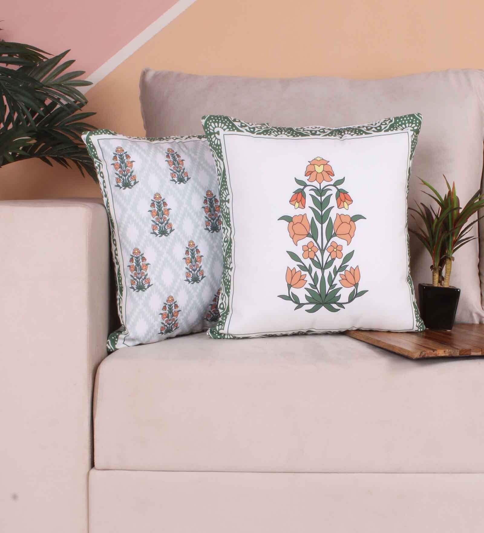 Green Polycotton Floral 24x24 inches Cushion Covers (Pack of 2)