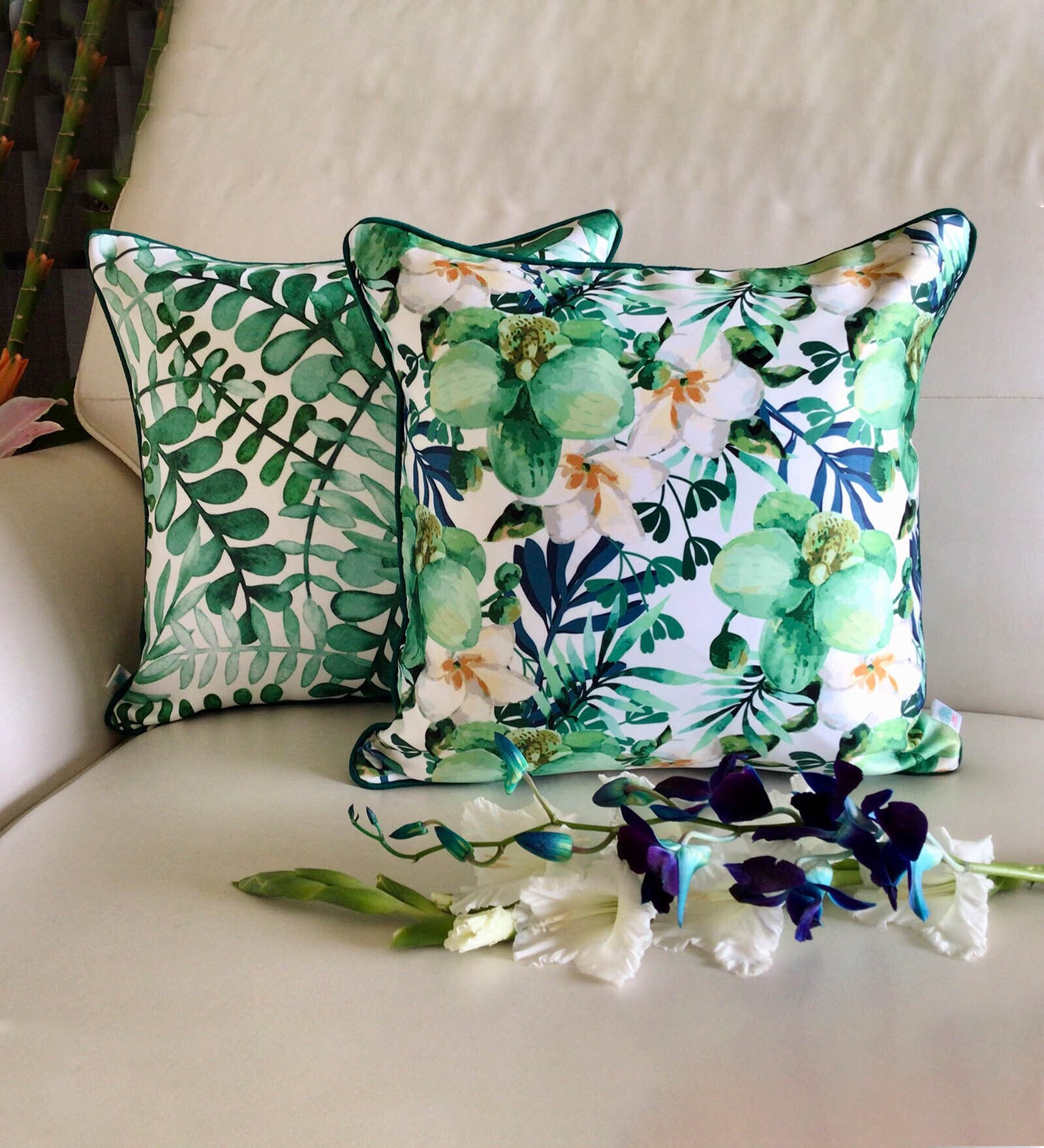 Green Floral Poly Cotton 16 x 16 Inches Cushion Covers (Set of 2)