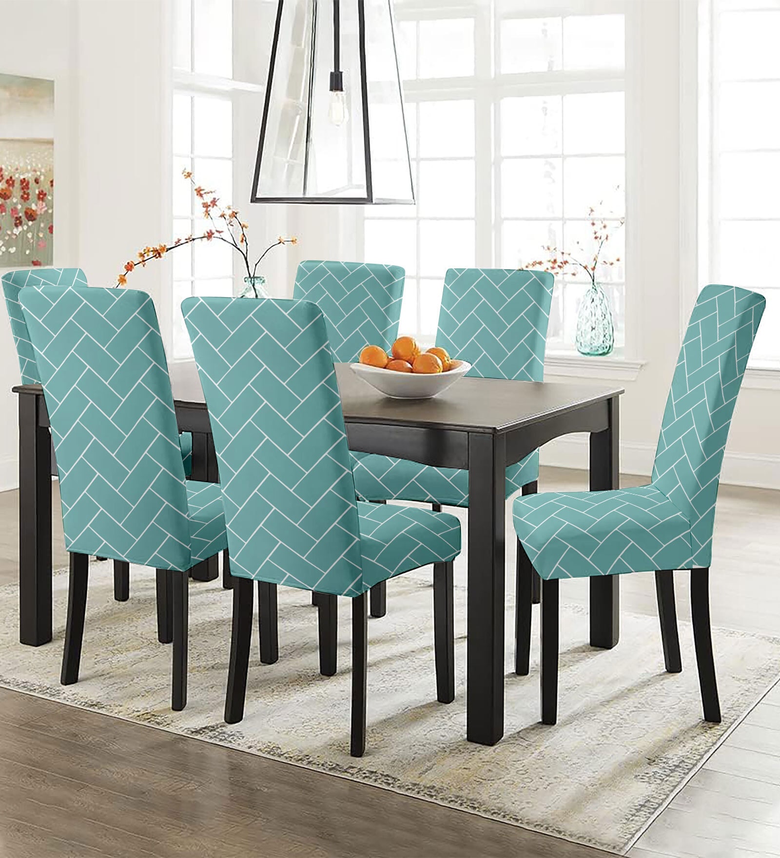 Blue Polycotton Geometric 14x18 Inches Chair Covers (Pack of 6)