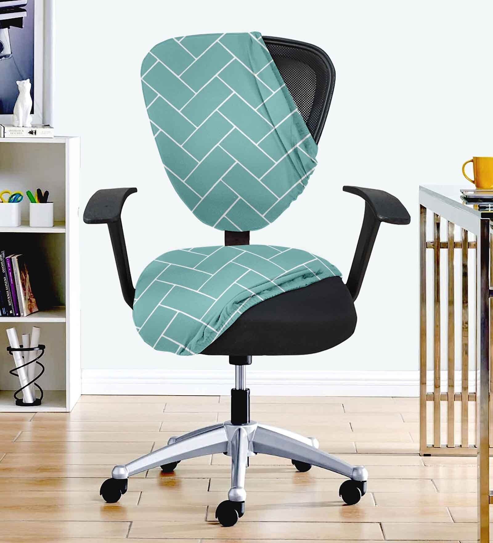 Green Polycotton Geometric 18 x 18 Inches Elastic Stretchable Office Chair Covers (2 Pcs Seat and Back)
