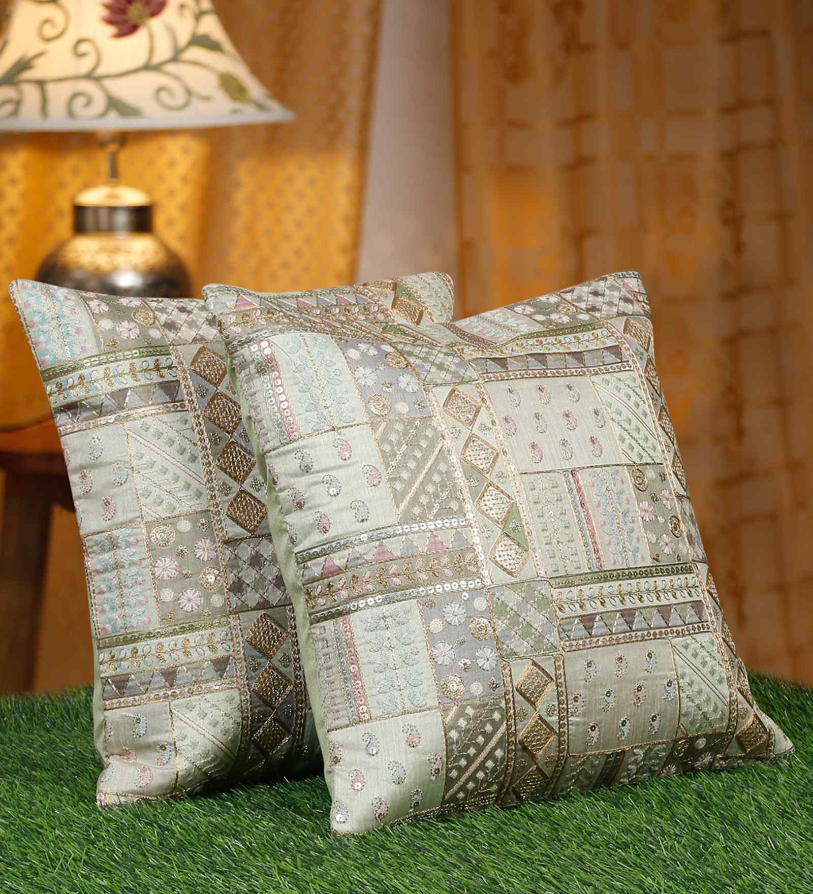Green Polyester Abstract 16X16 Inches Cushion Covers (Pack of 2)