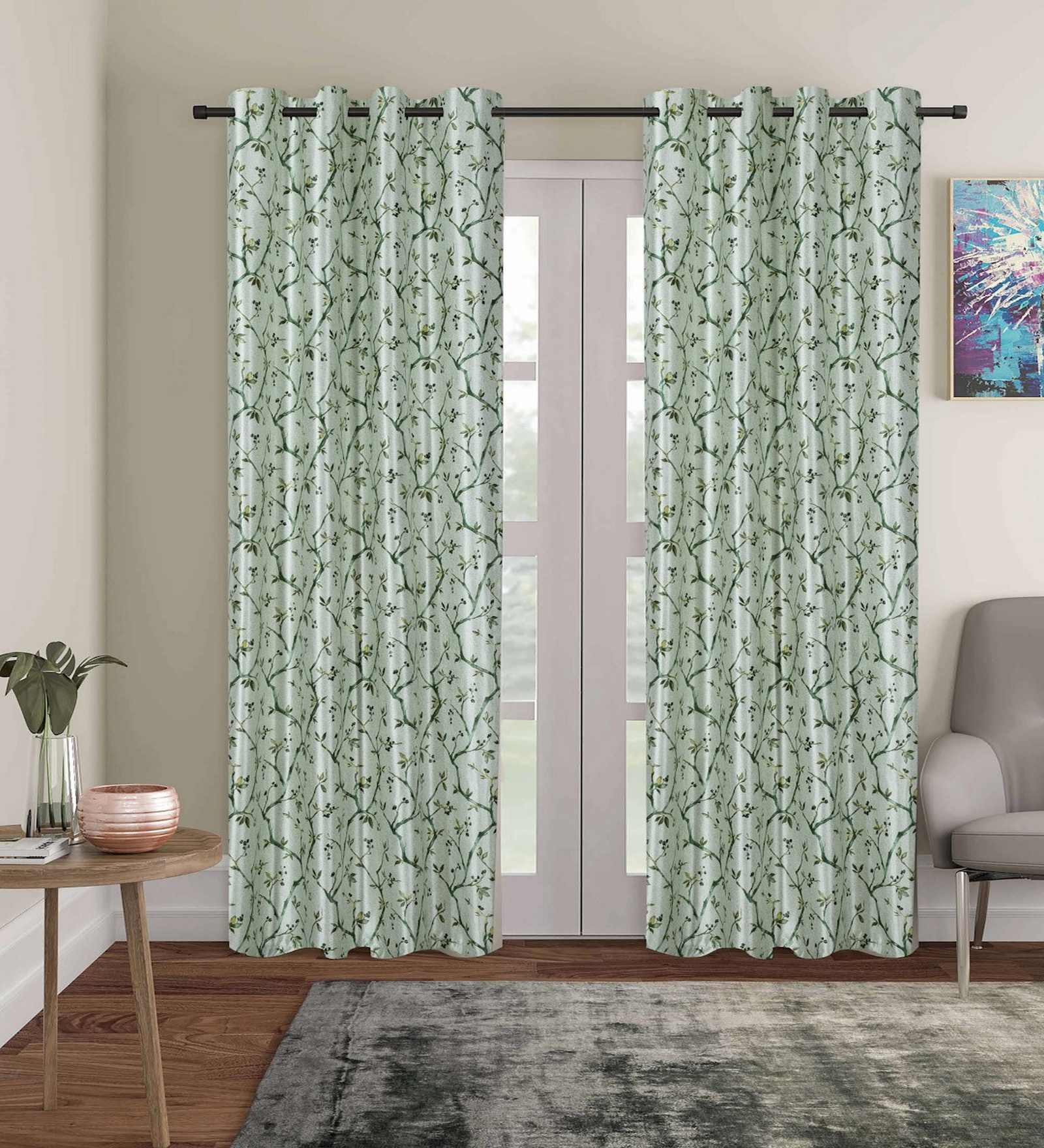 Green Polyester Abstract 7ft Blackout Eyelet Door Curtains