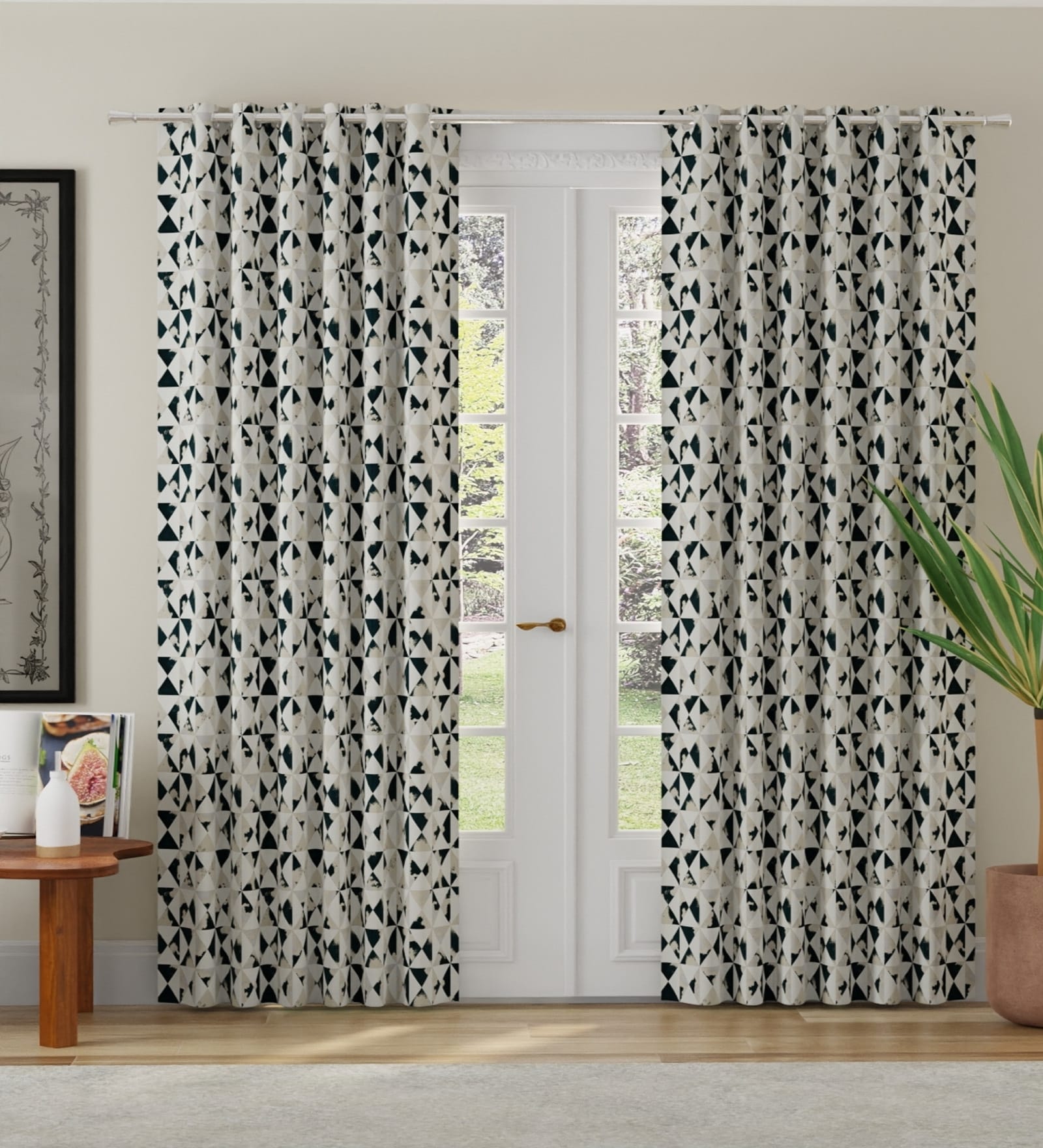 Green Polyester Abstract 9ft Room Darkening Eyelet Long Door Curtains (2 Pc)
