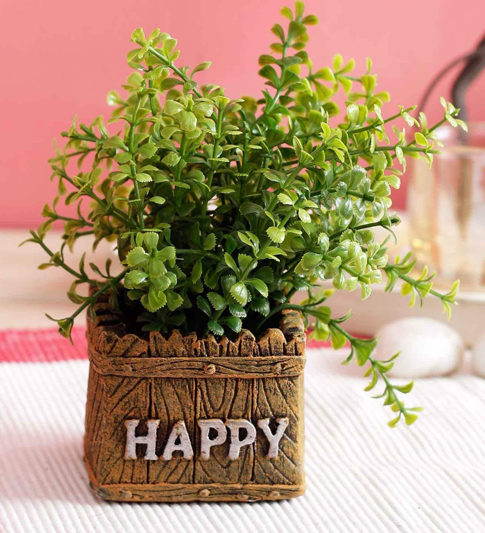 Green Polyester Artificial Bonsai Plant with Brown Resin Pot