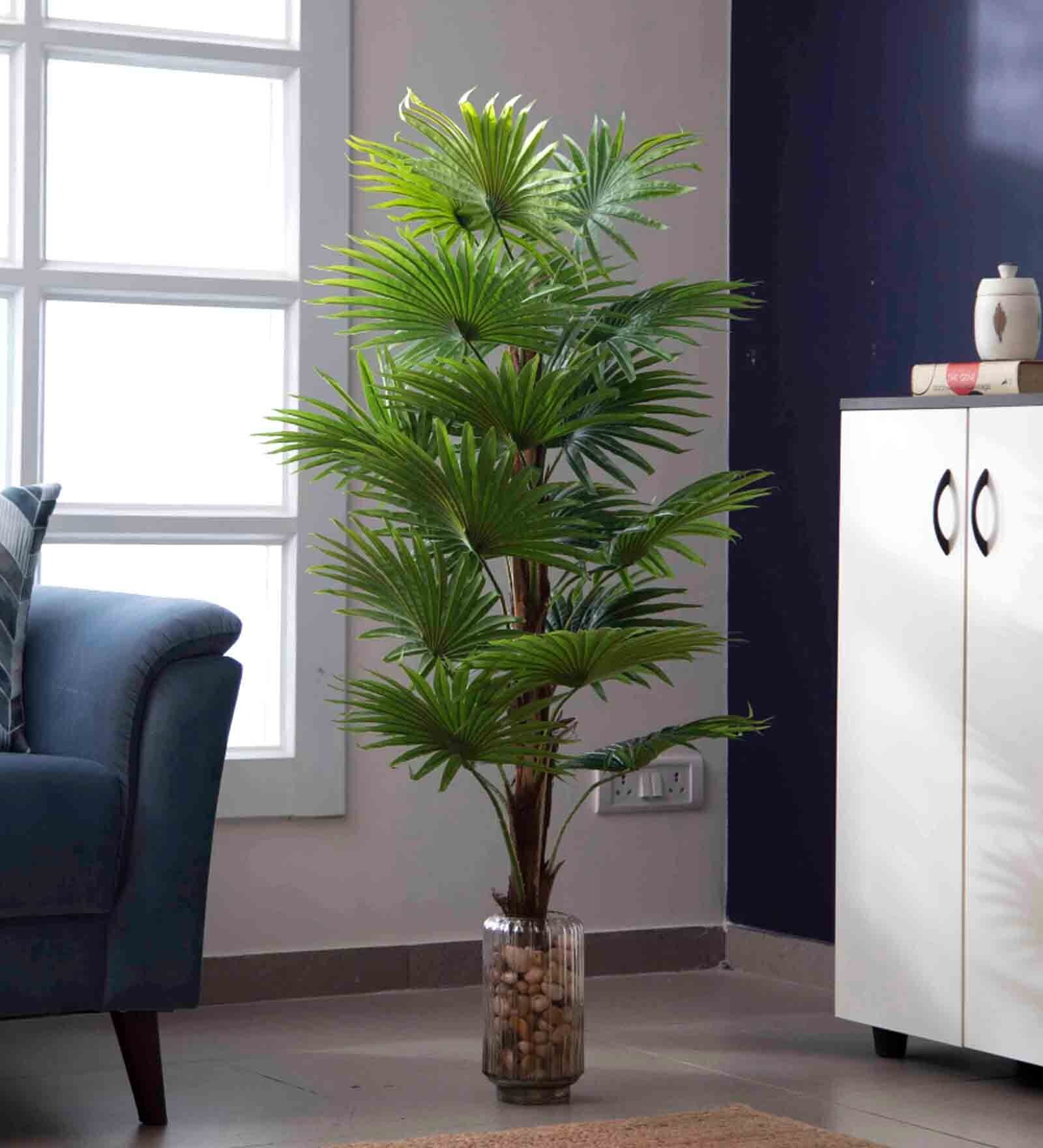 Polyester Green Bottle Fan Without Pot Artificial Plants