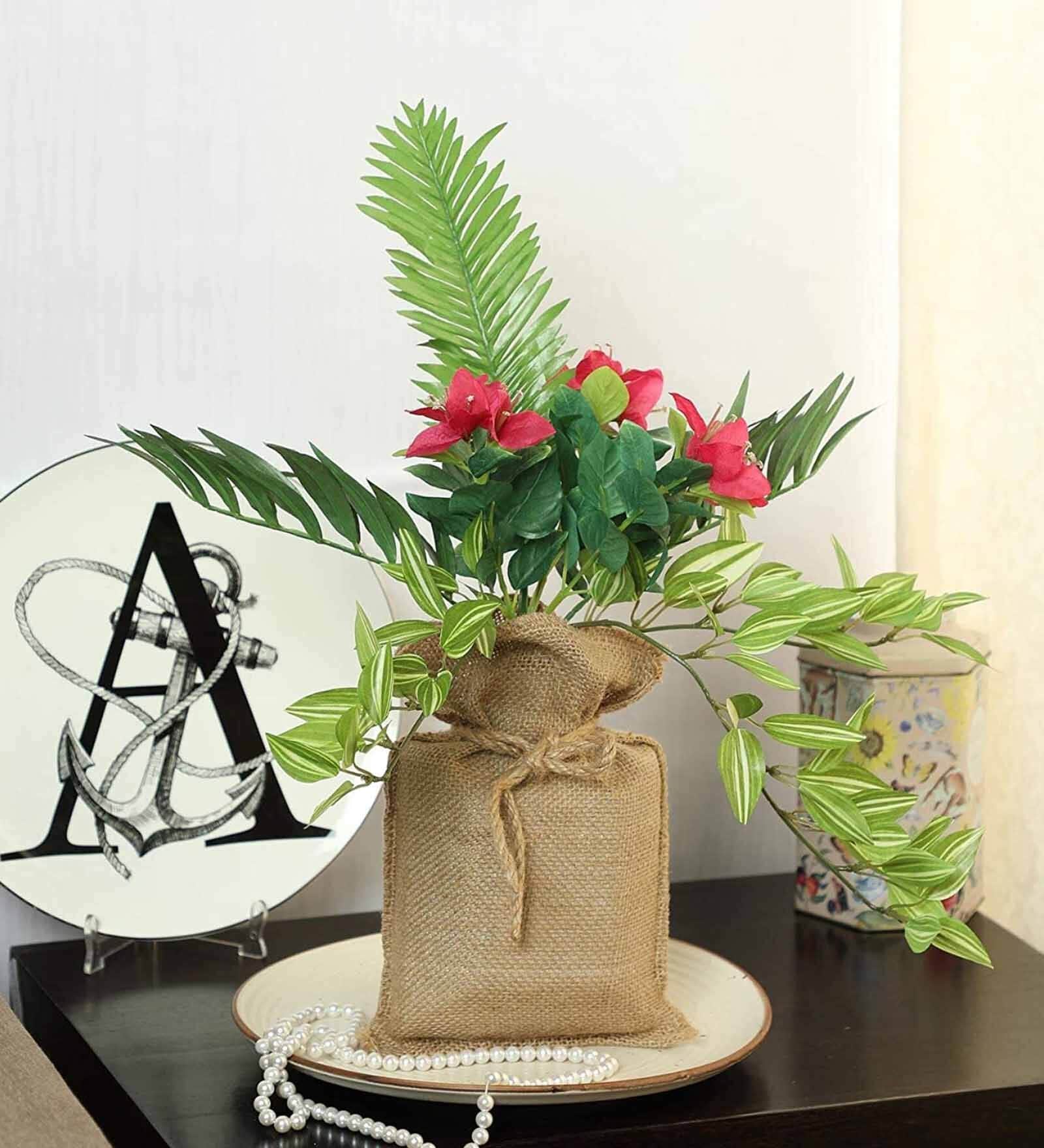 Green Polyester Artificial Bougainvillea Hanging Bonsai Plant With Brown Jute Pot