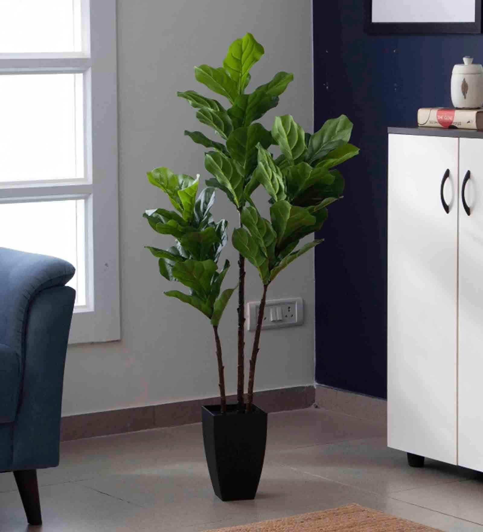 Green Polyester Artificial Fig Plant with Fiddle Leaves with Pot